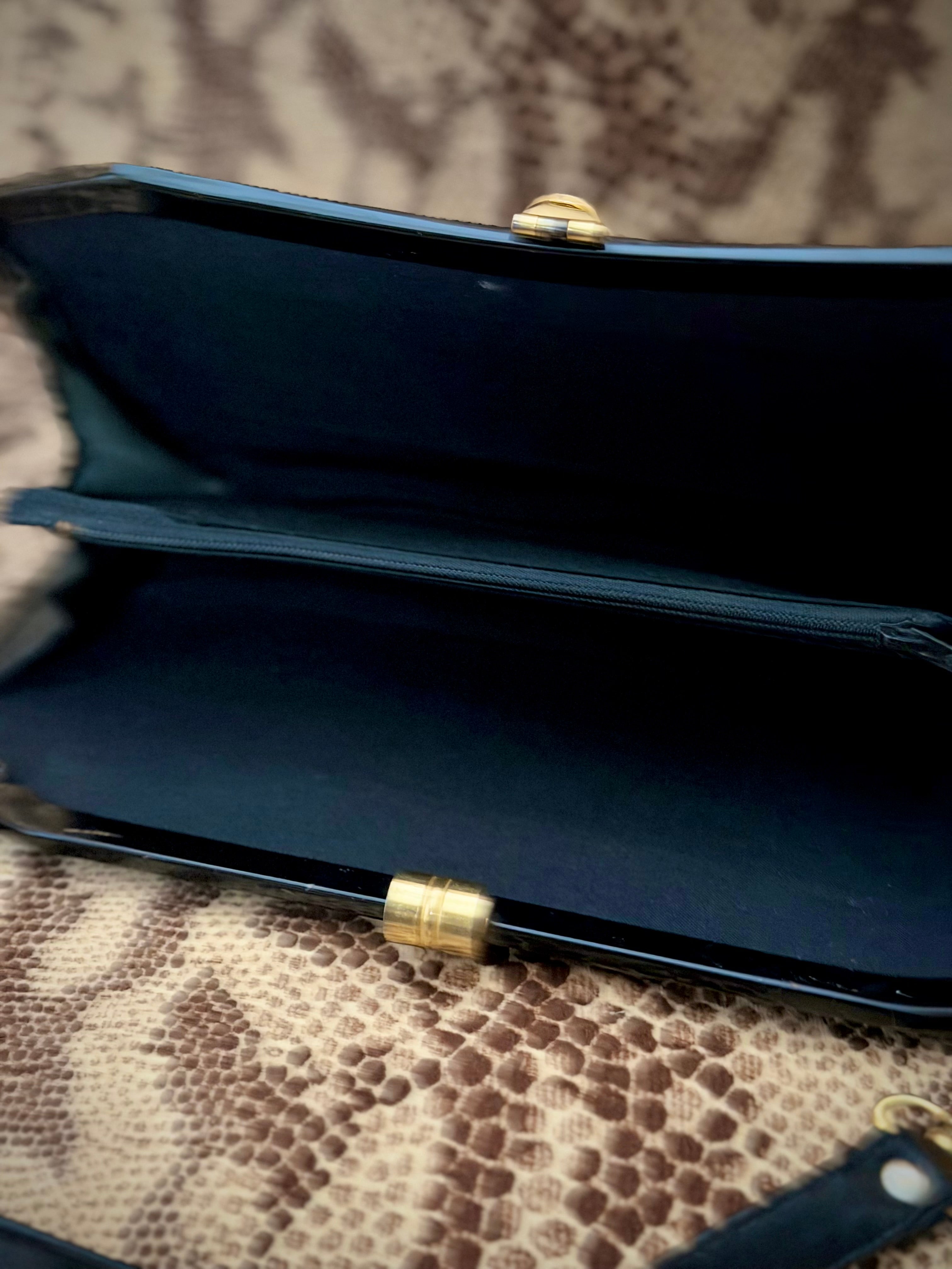 Late 50s-Early 60s Black Gathered Leather Shoulder Bag with Gold Butterfly Clasp