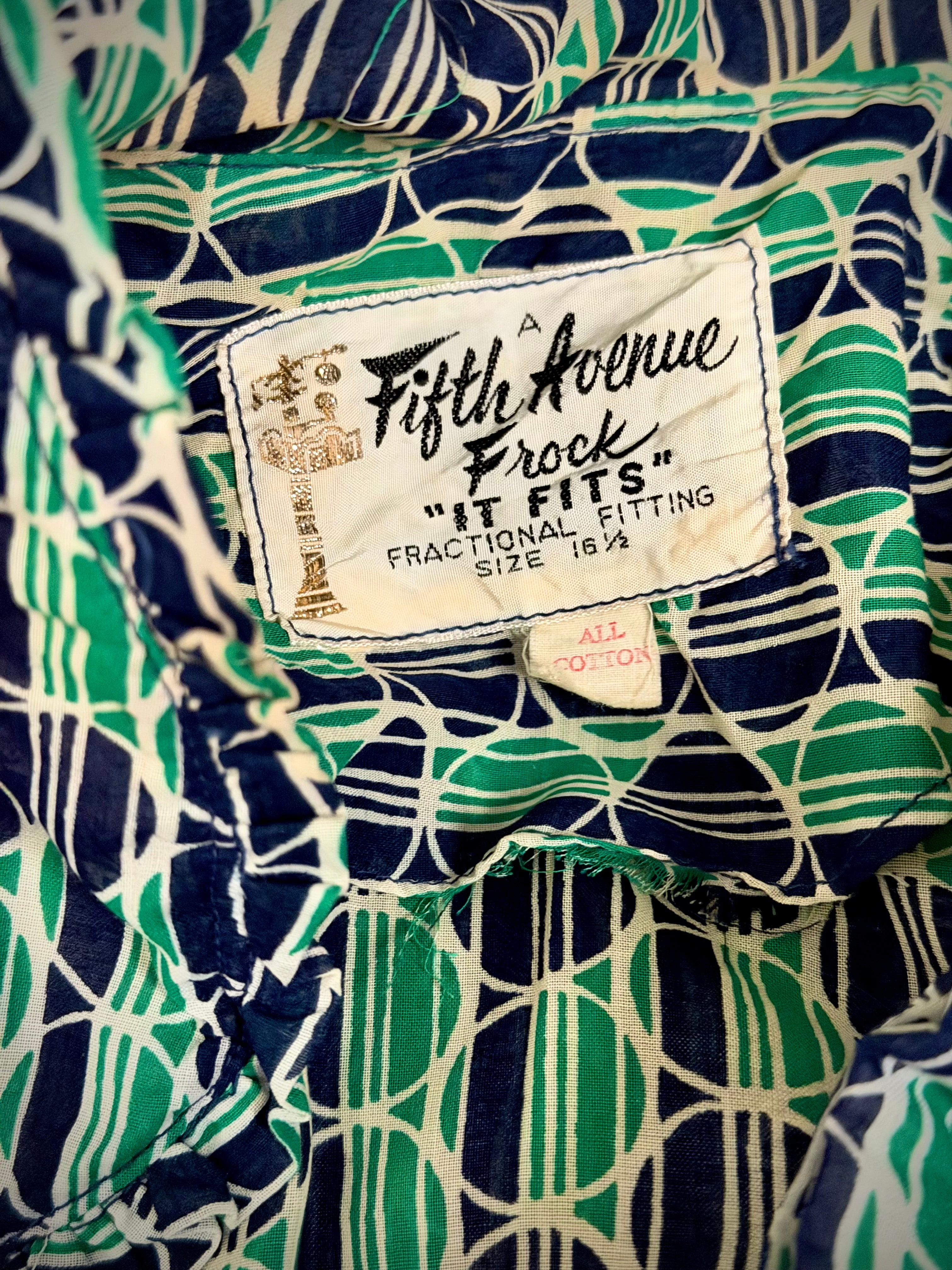 1960s Fifth Avenue Frock Geometric Print Cotton Day Dress