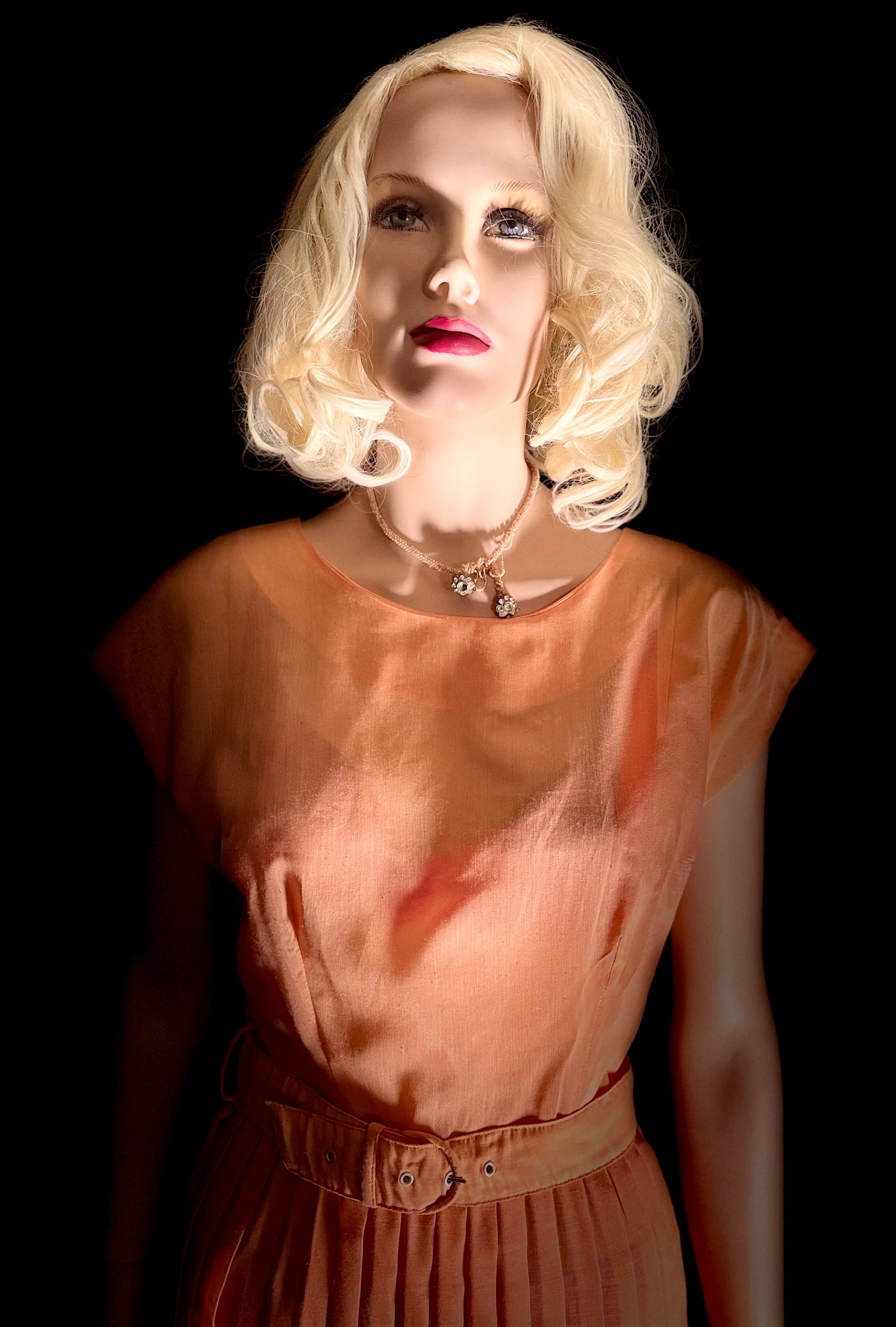 1950s Sheer Peach Knife-Pleat Dress with Original Belt