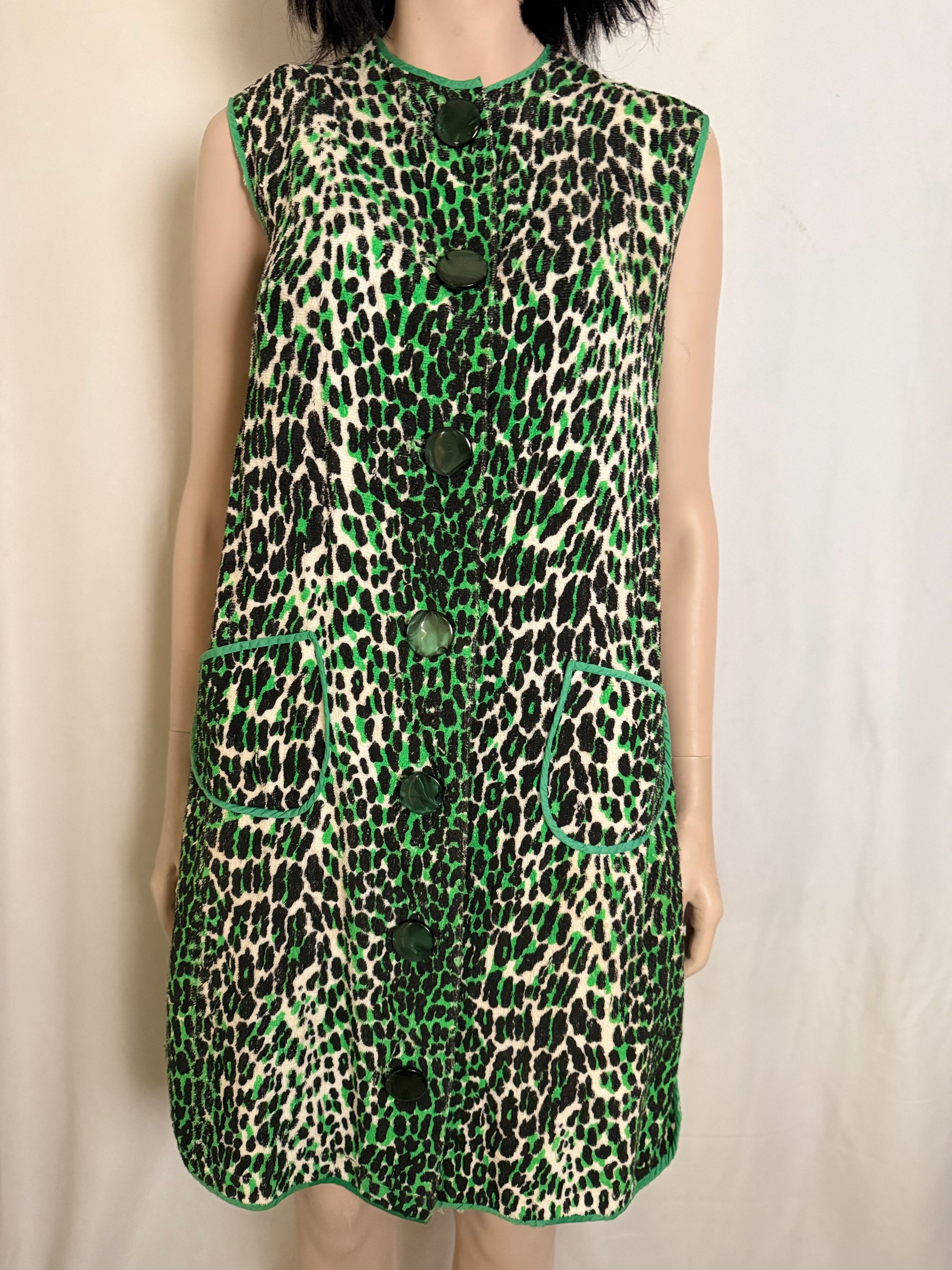 Vintage 1960s Leopard Print Towelling Dress | Unworn | Graphic Green