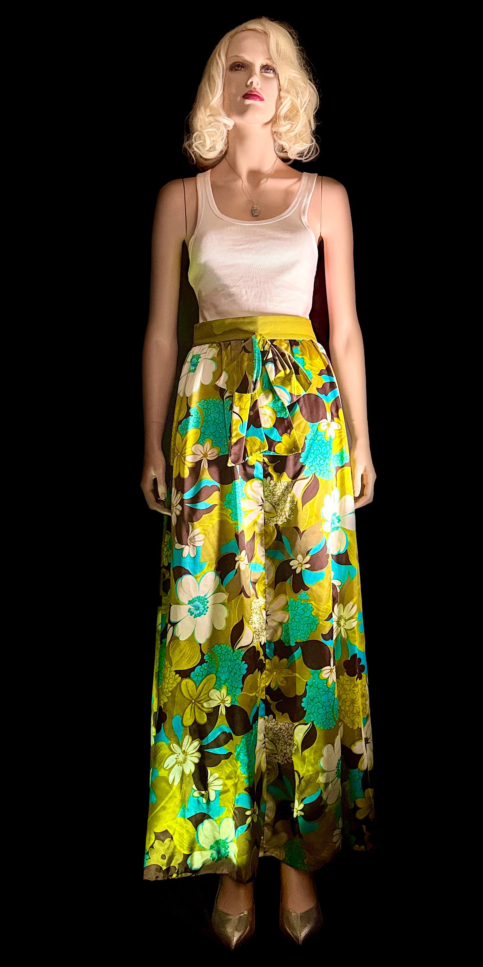 1960s Floral Satin Maxi Skirt With Waist Tie – Hawaiian Style Print