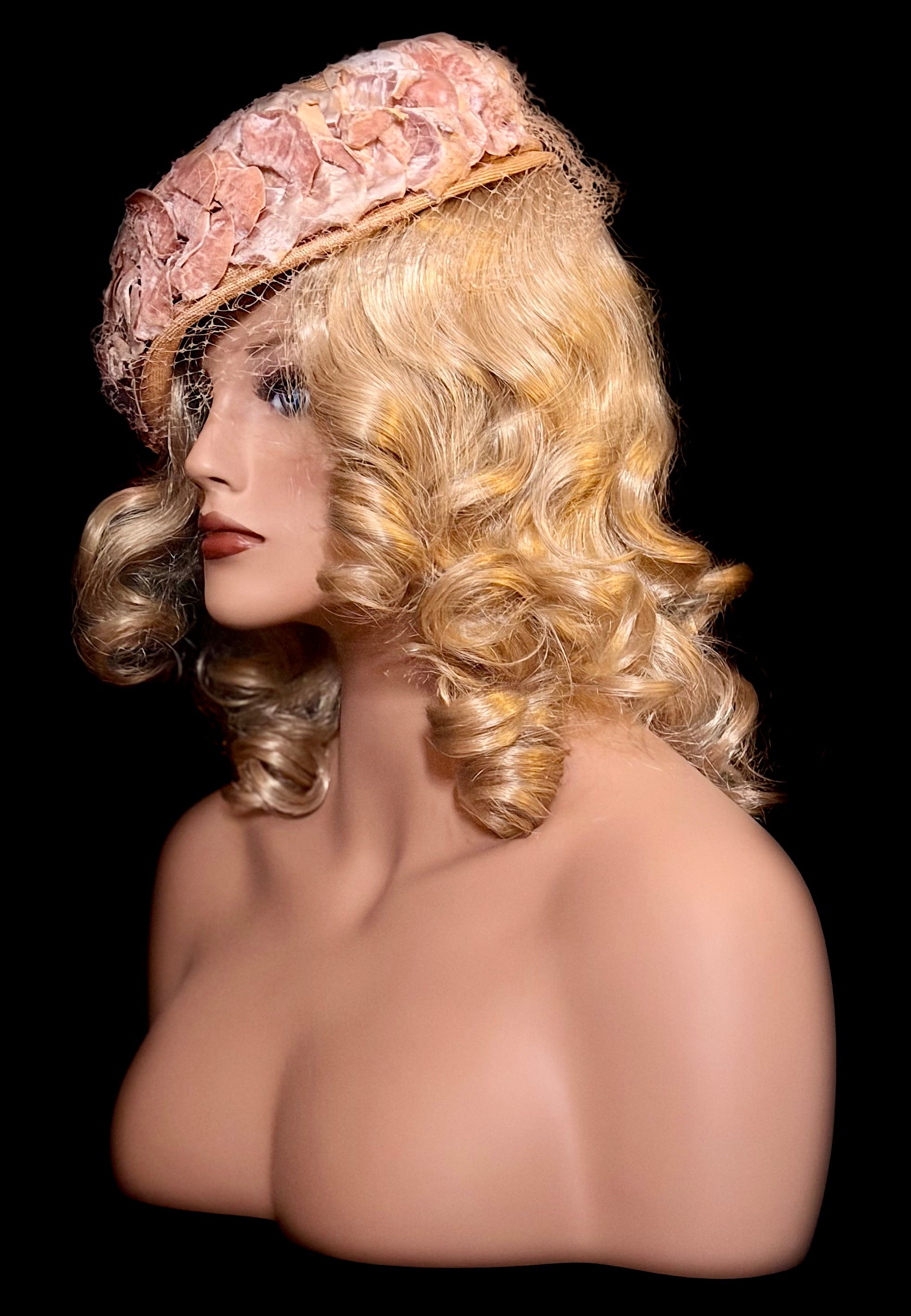 Early- Mid 1940s Straw Hat with Velvet Floral Trim and Veil