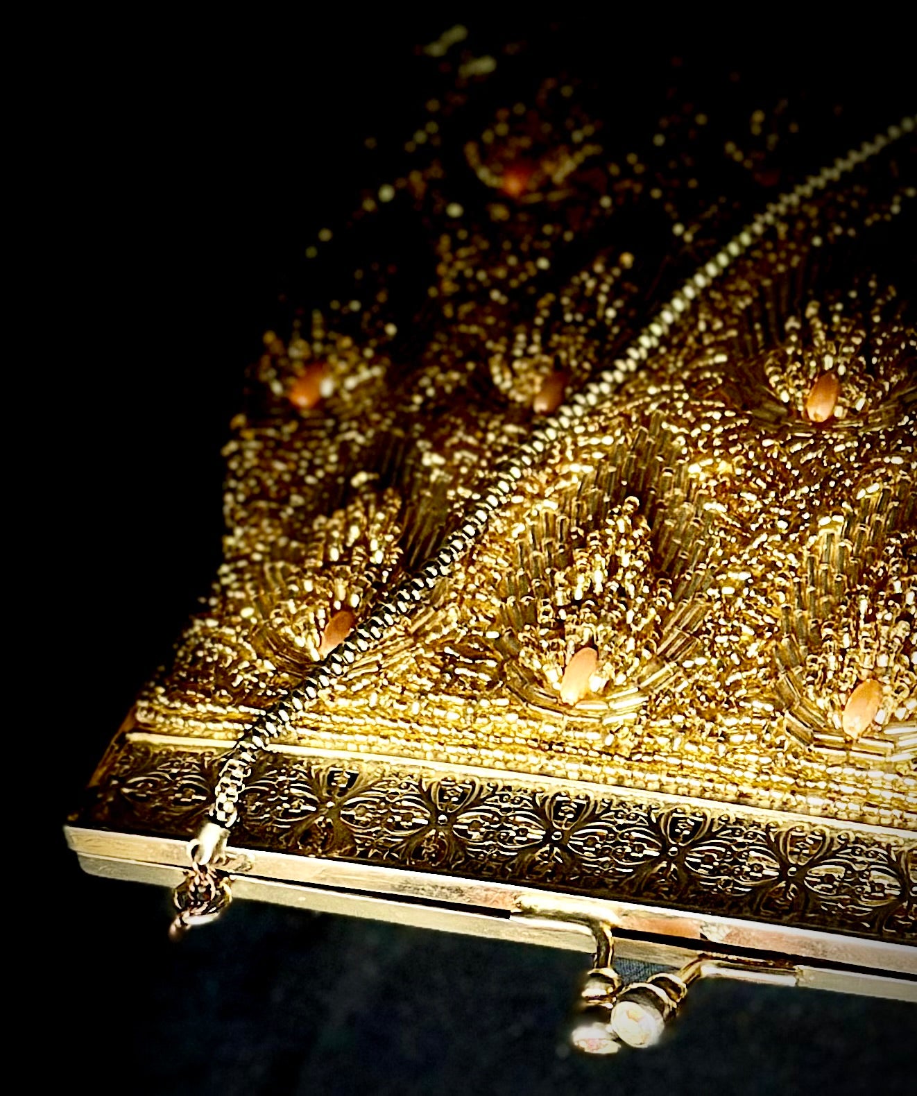 Evening Bag - 1950s Gold Beaded Clutch with Floral Filigree Frame”