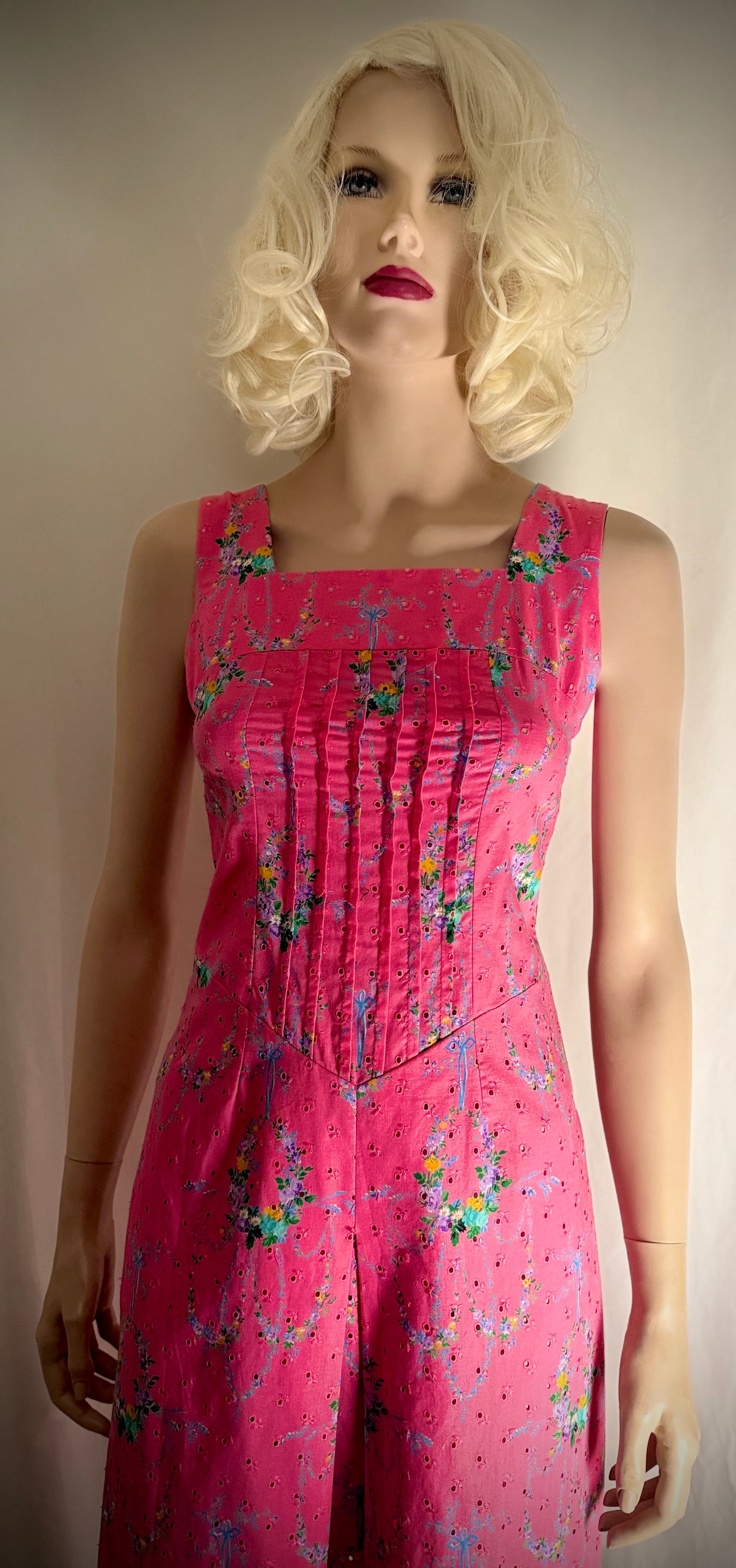 Circa 1960 Pink Floral Eyelet Cotton Dress with Pintucked Bodice