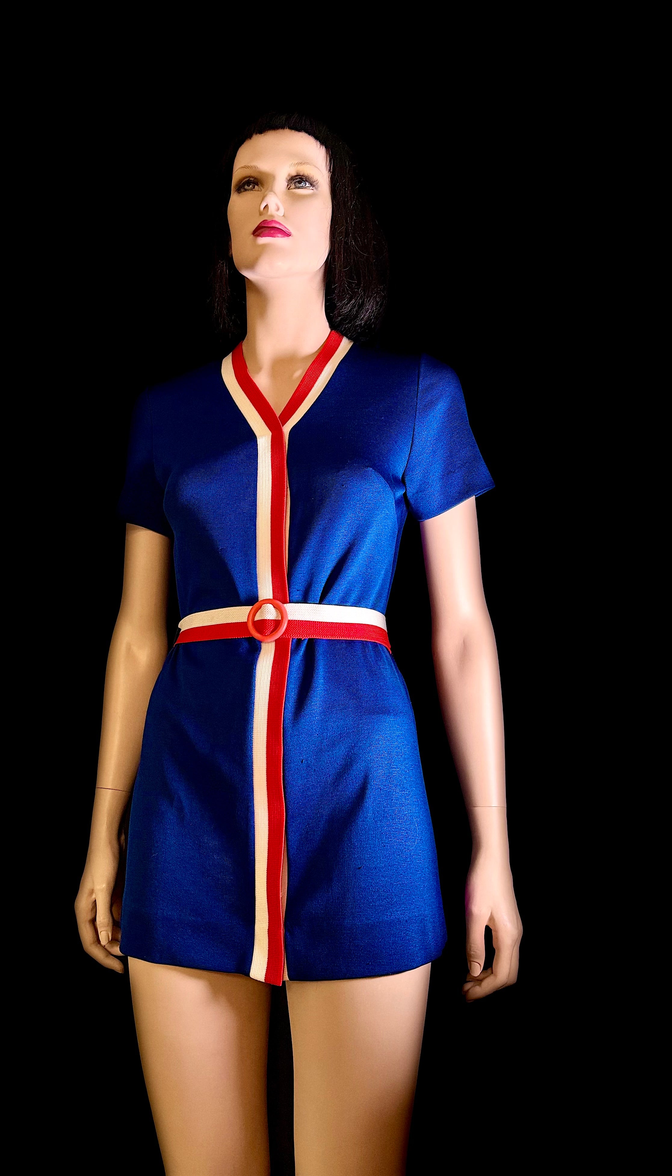 Vintage Graphic Knit Mini Dress / Tunic - Cobalt Blue with Red & White Trim