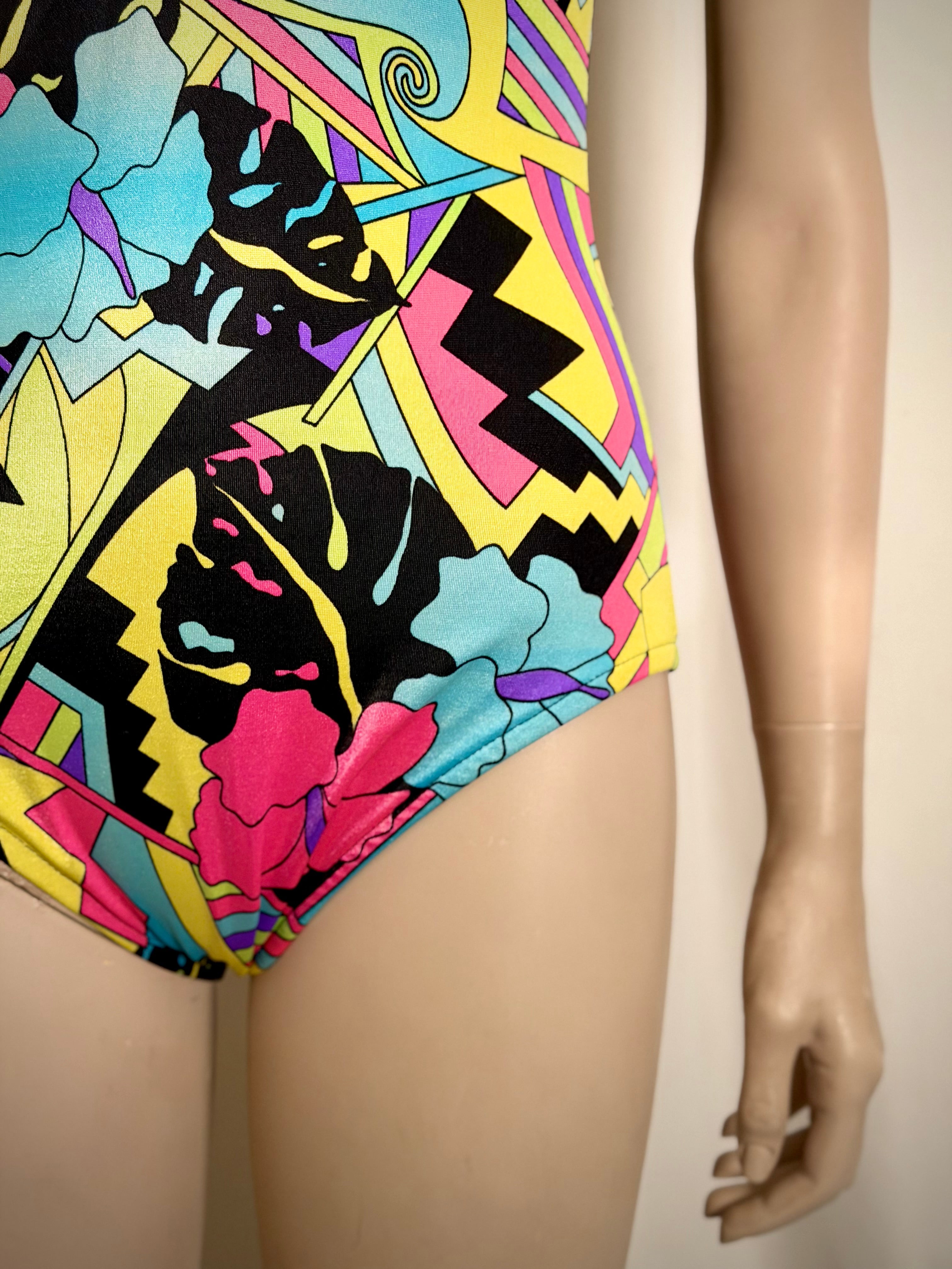 1990s Neon Tropical Print Bodysuit Swimsuit | Bodysuit