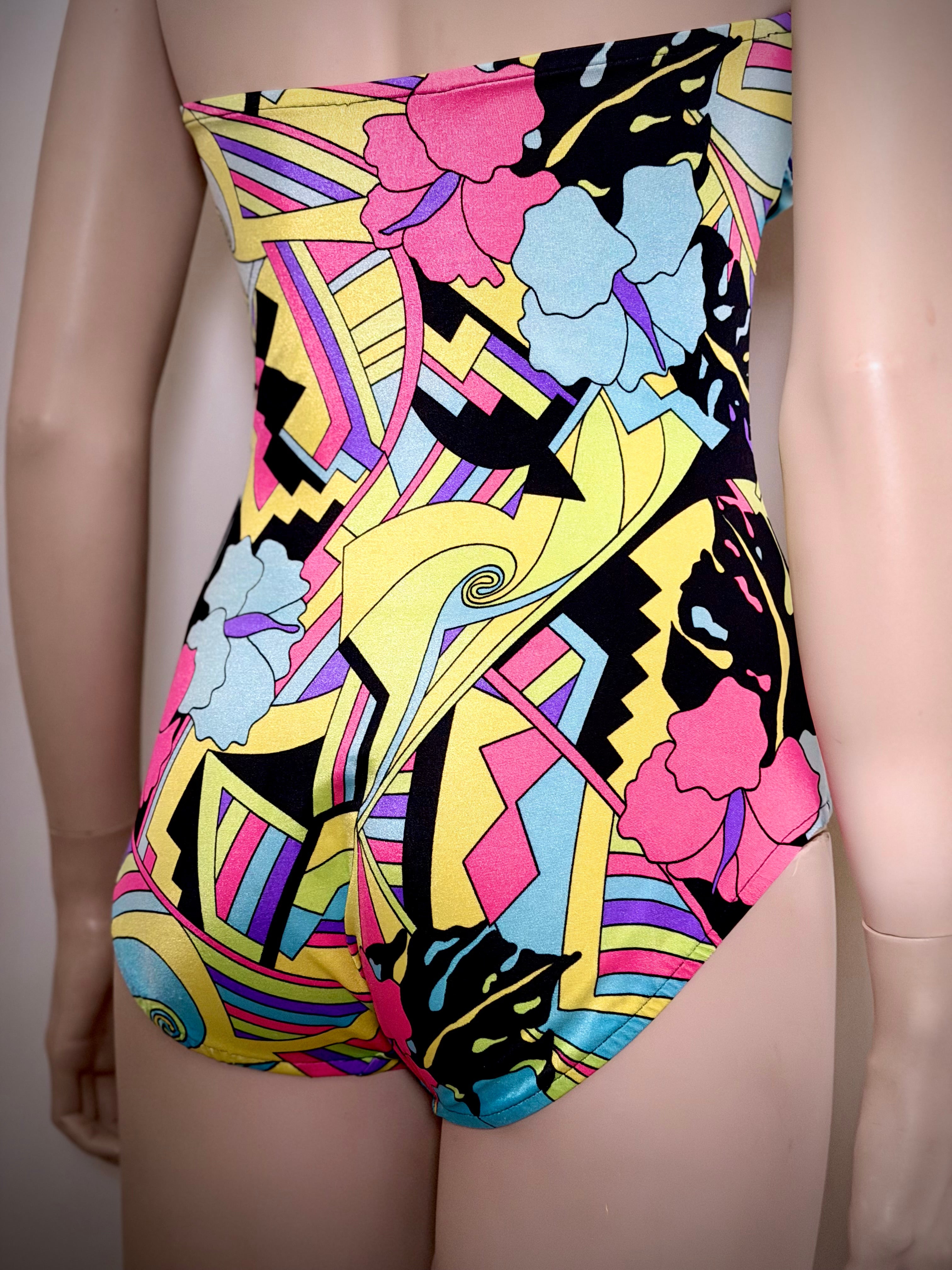 1990s Neon Tropical Print Bodysuit Swimsuit | Bodysuit