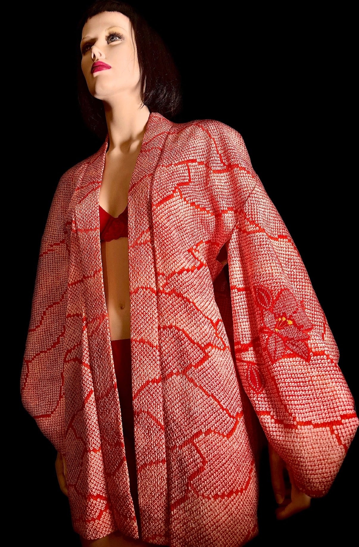 Vintage Japanese Hand-Shibori Silk Kimono Jacket - Red with Embroidered Florals