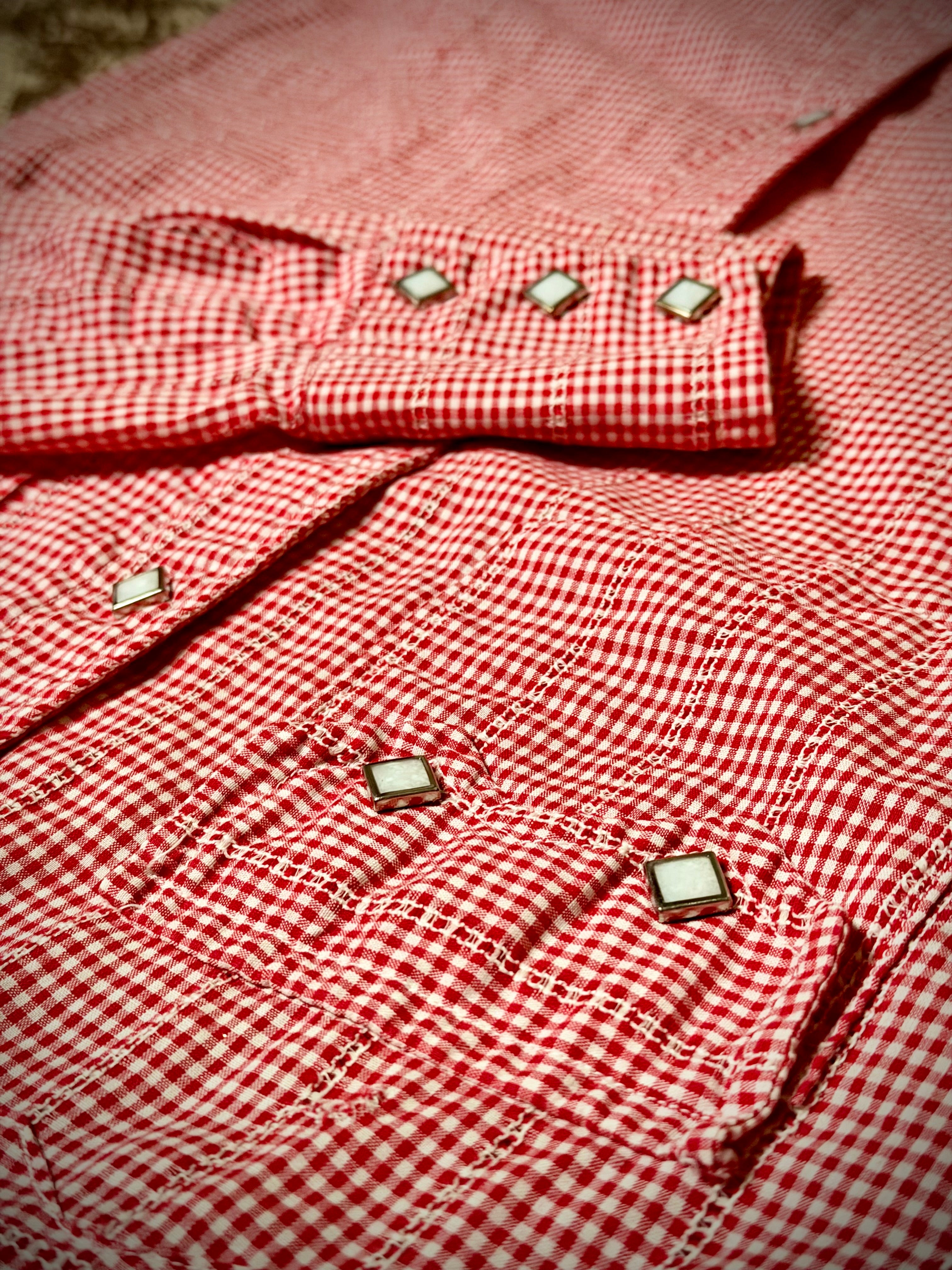 Vintage Red Gingham Western Shirt - Stud Button Detail - Fitted Cotton