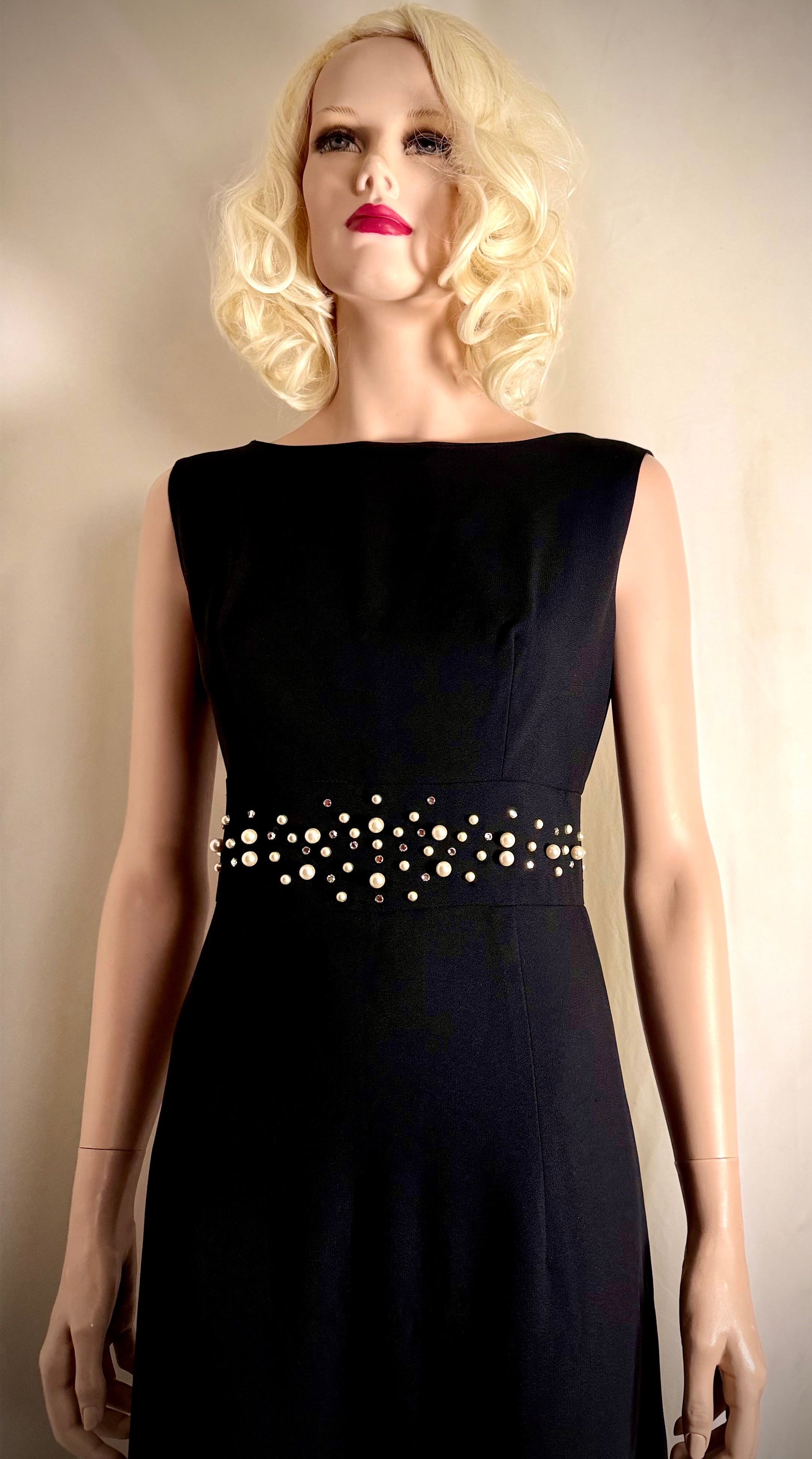 1960s Hershelle Model Mayfair London Black Evening Gown, Pearl & Diamante Detail