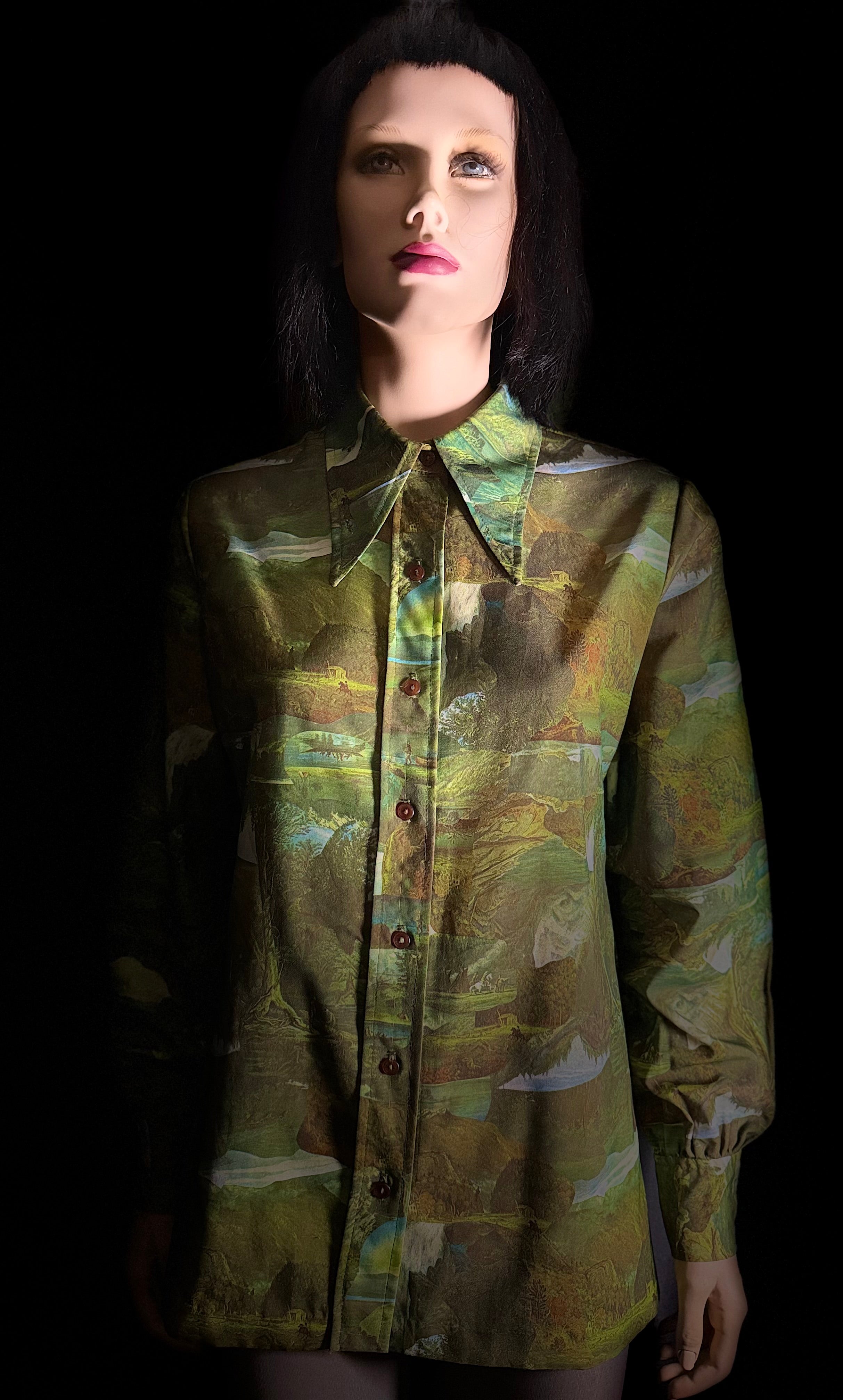 Late 1960s–Early 1970s Forest Scenic Print Shirt | Painterly Landscape Blouse