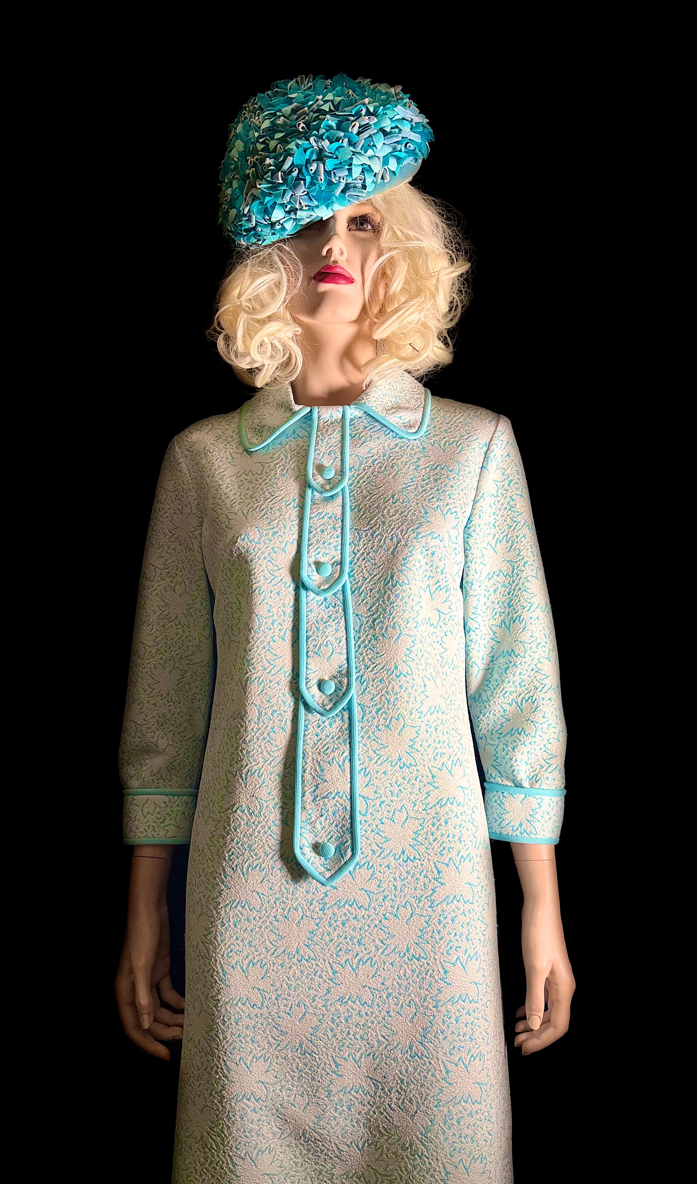 Immaculate 1960s Turquoise-Trimmed Textured Day Dress