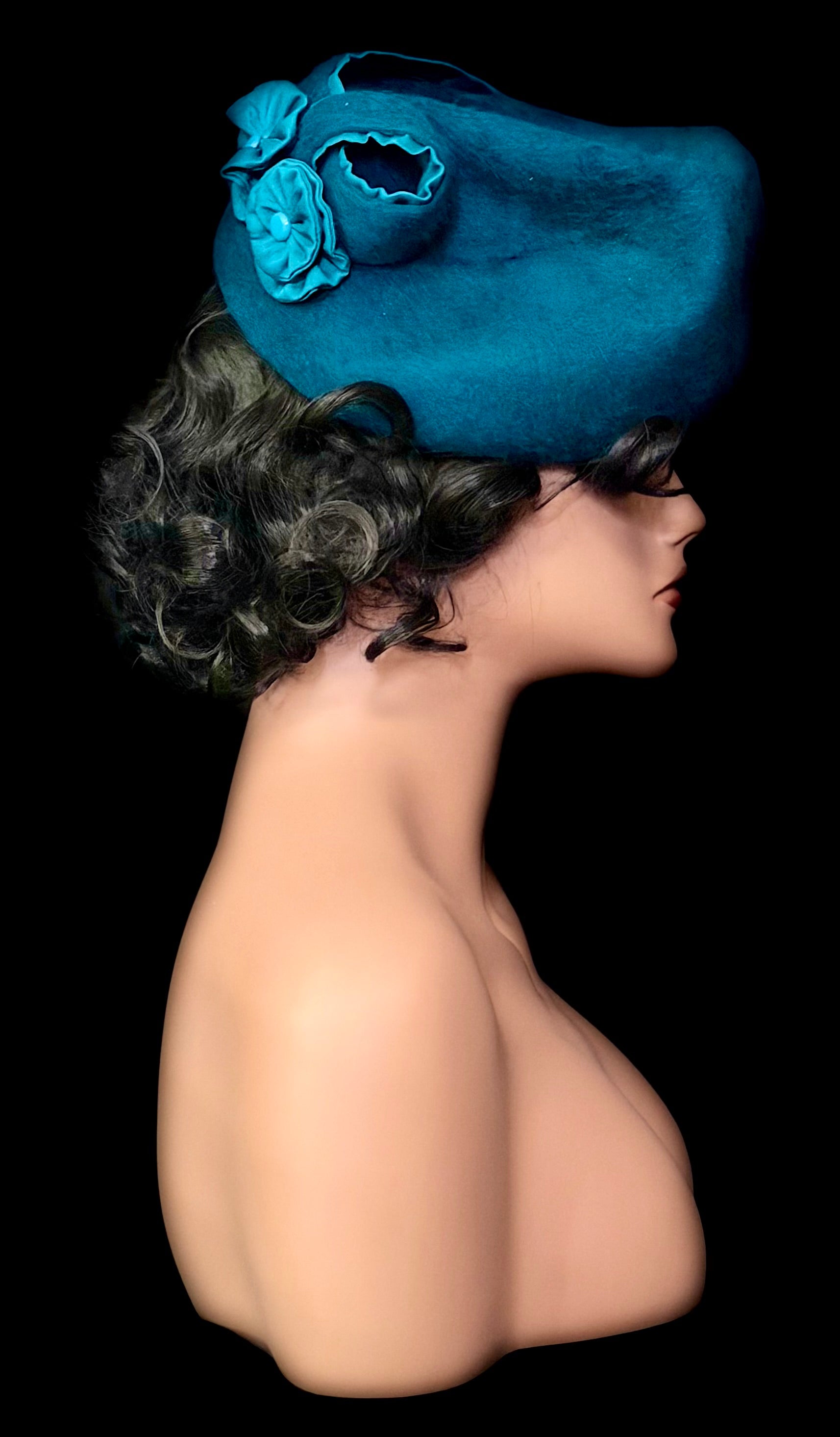 1960s Teal Felt Tilt Hat-David Jones Service Millinery | Sculptural Mid-Century Couture Style