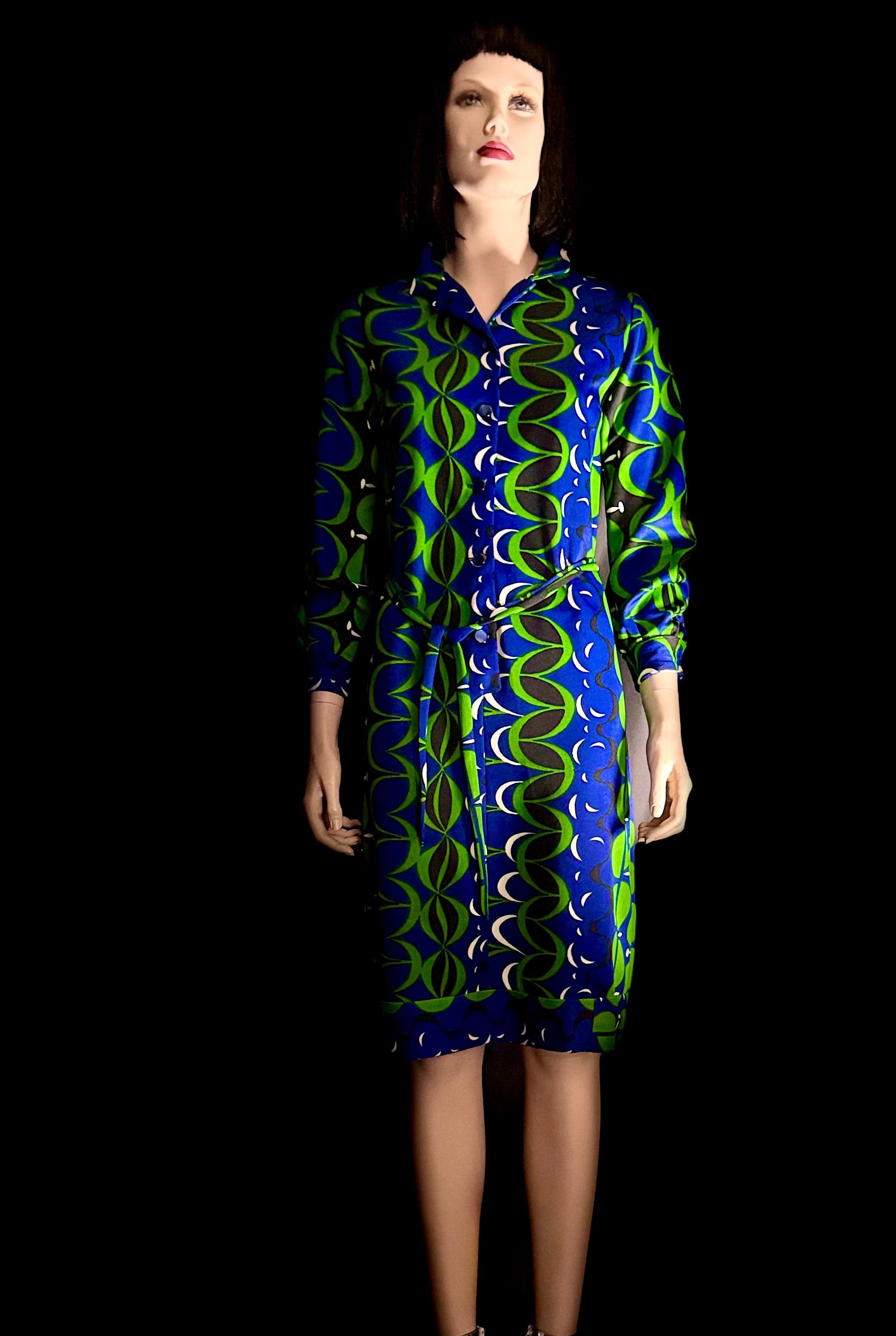 Vintage 1960s Graphic Print Shirt Dress – Blue & Green