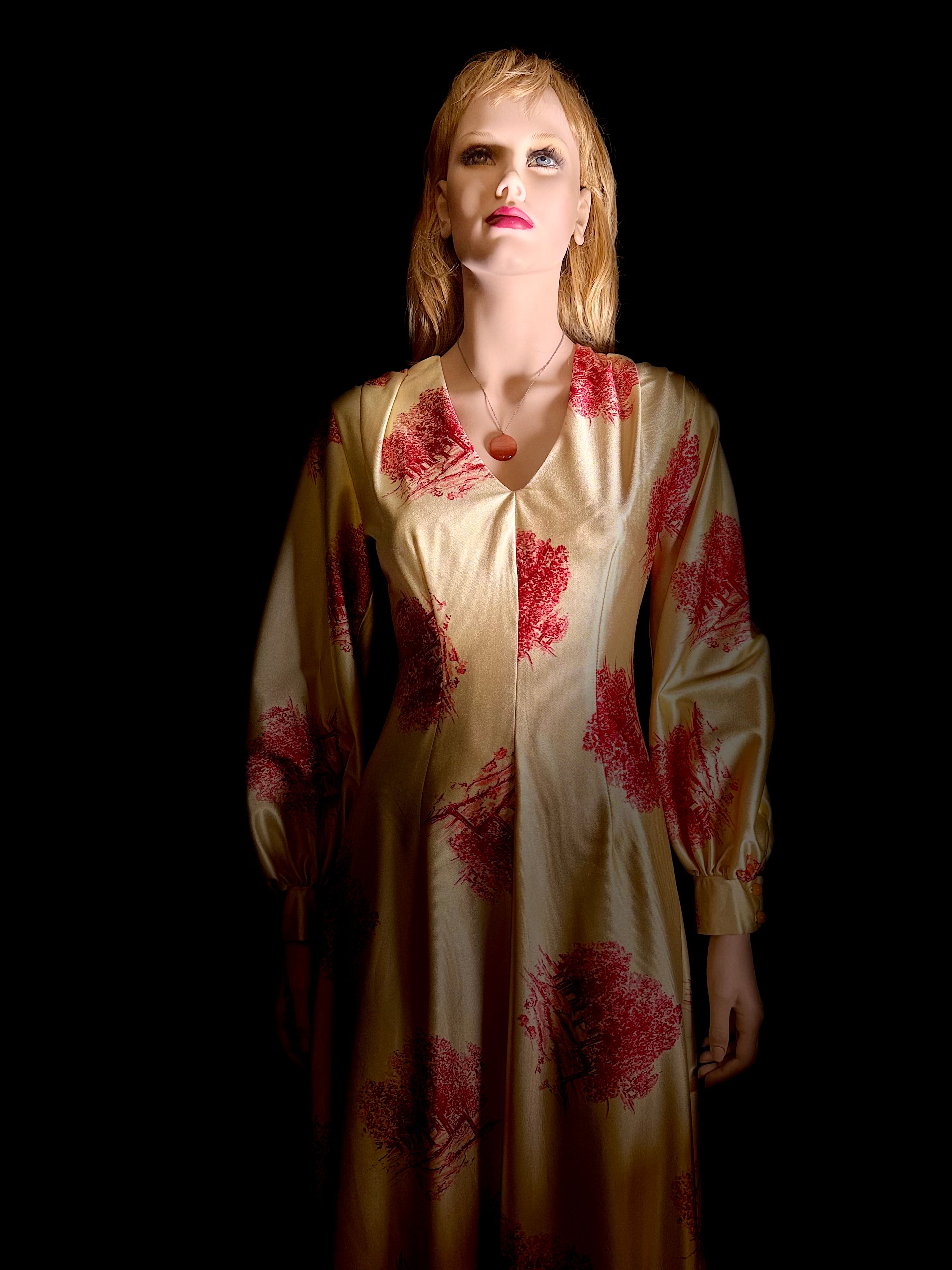 Vintage 1970s Golden Toile Evening Gown – Balloon Sleeves, Full Length