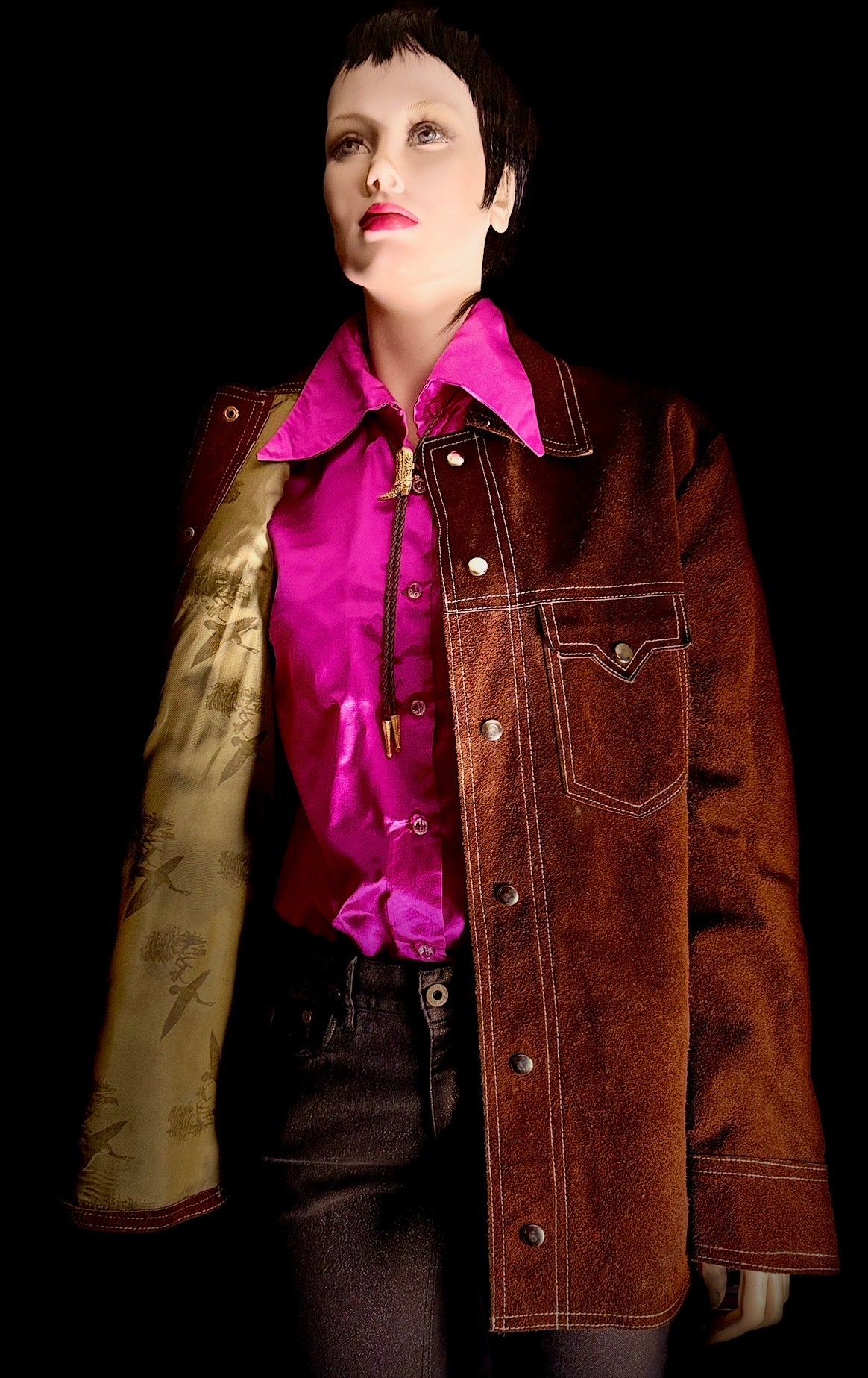 Exceptional Vintage 70s Mexican Suede Western Jacket with Scenic Bird Lining