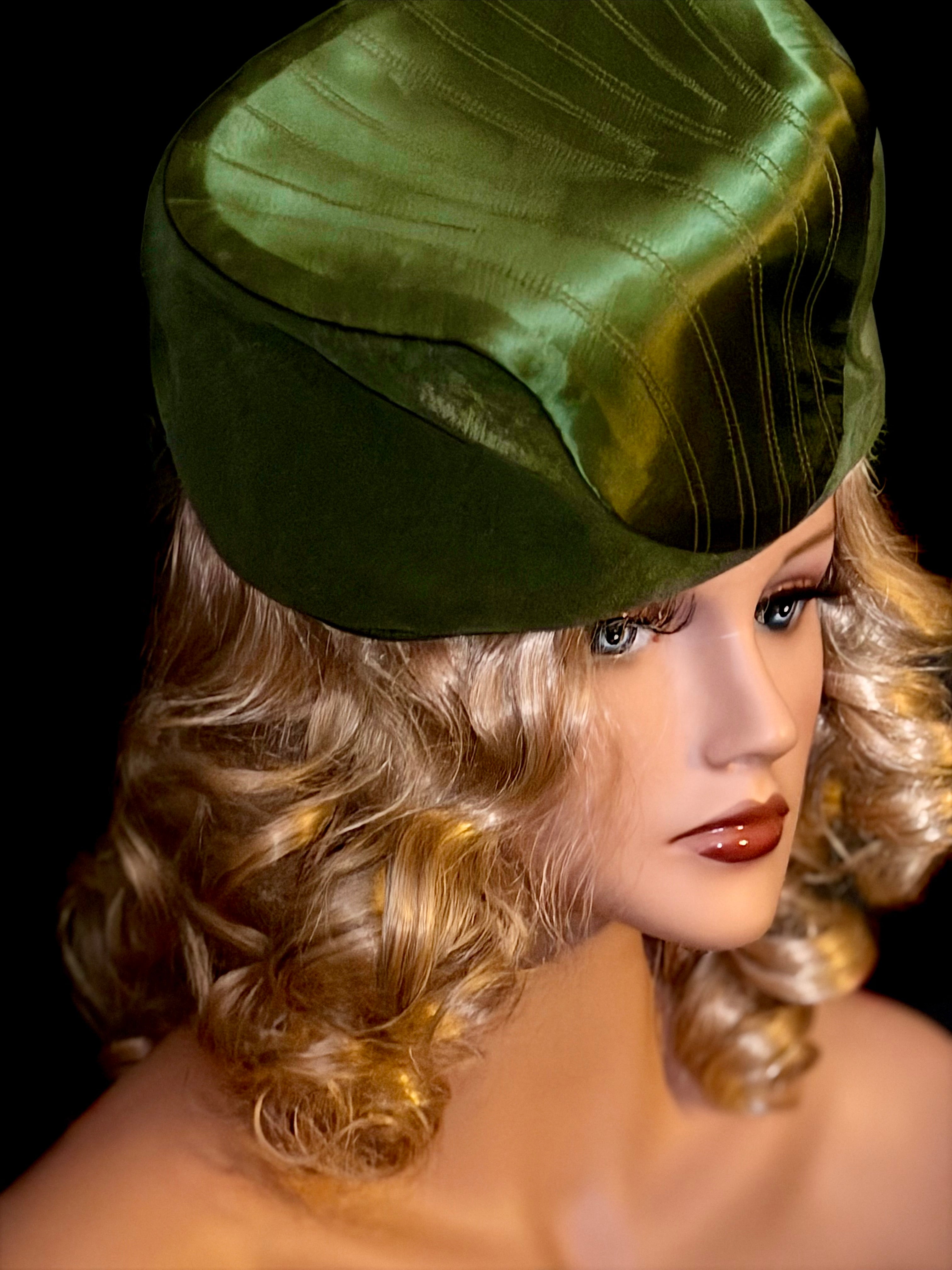 1950s Olive Sculpted Cocktail Hat - Satin Panelled Atelier Piece