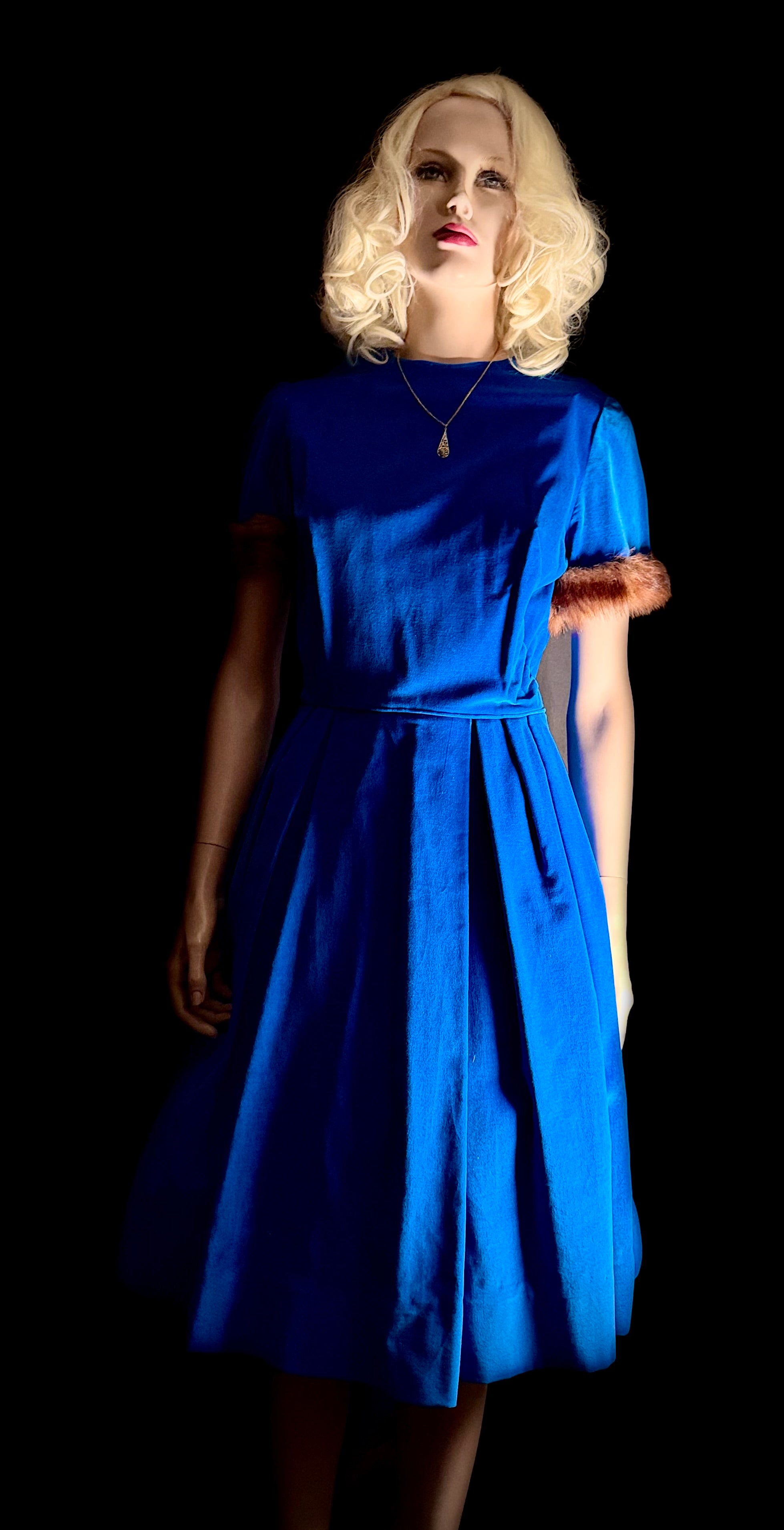 1960s Royal Blue Velvet Dress with Fur-Trimmed Sleeves