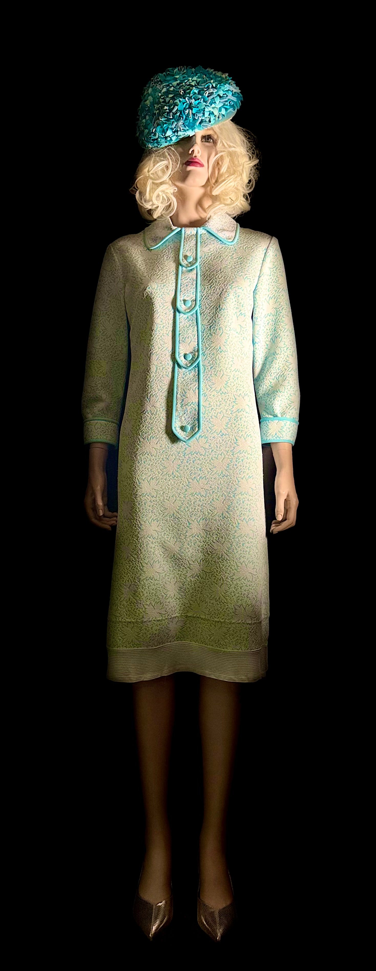 Immaculate 1960s Turquoise-Trimmed Textured Day Dress