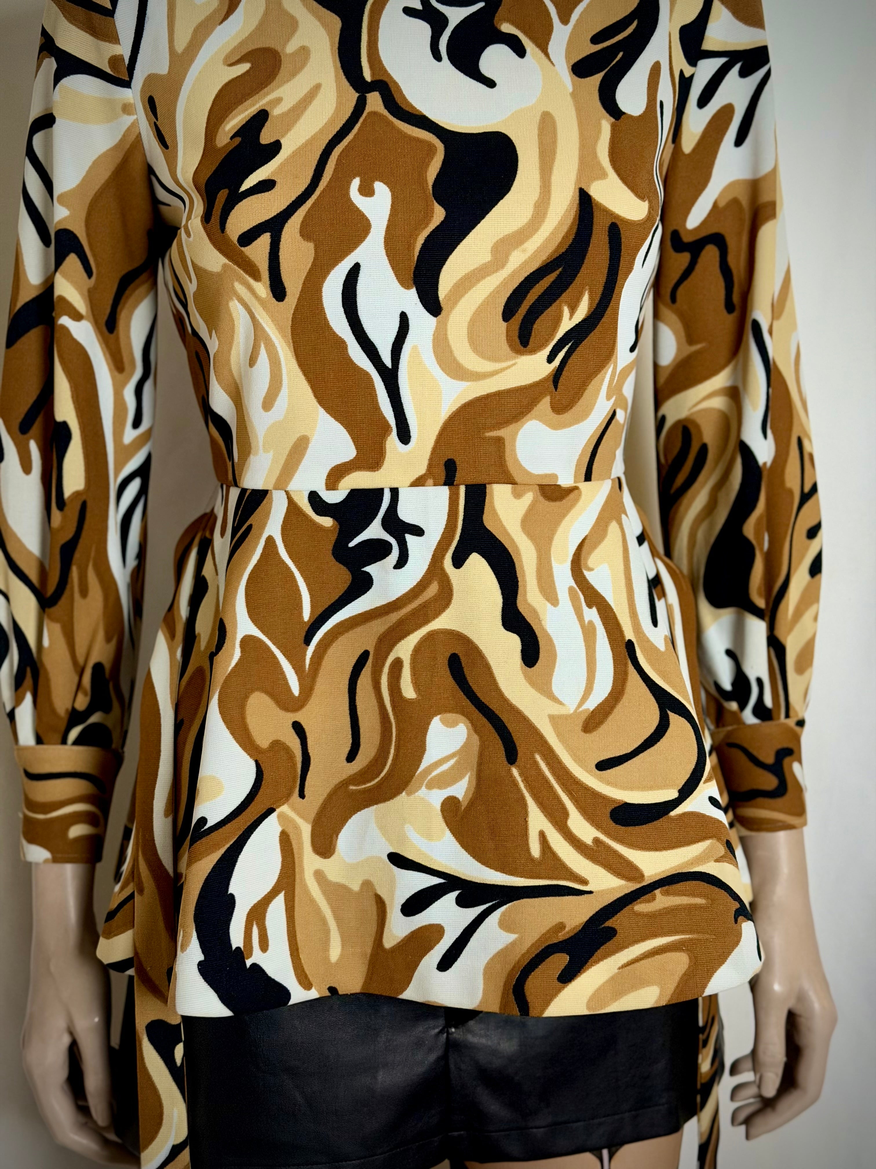 1970s Abstract Camouflage Peplum Top