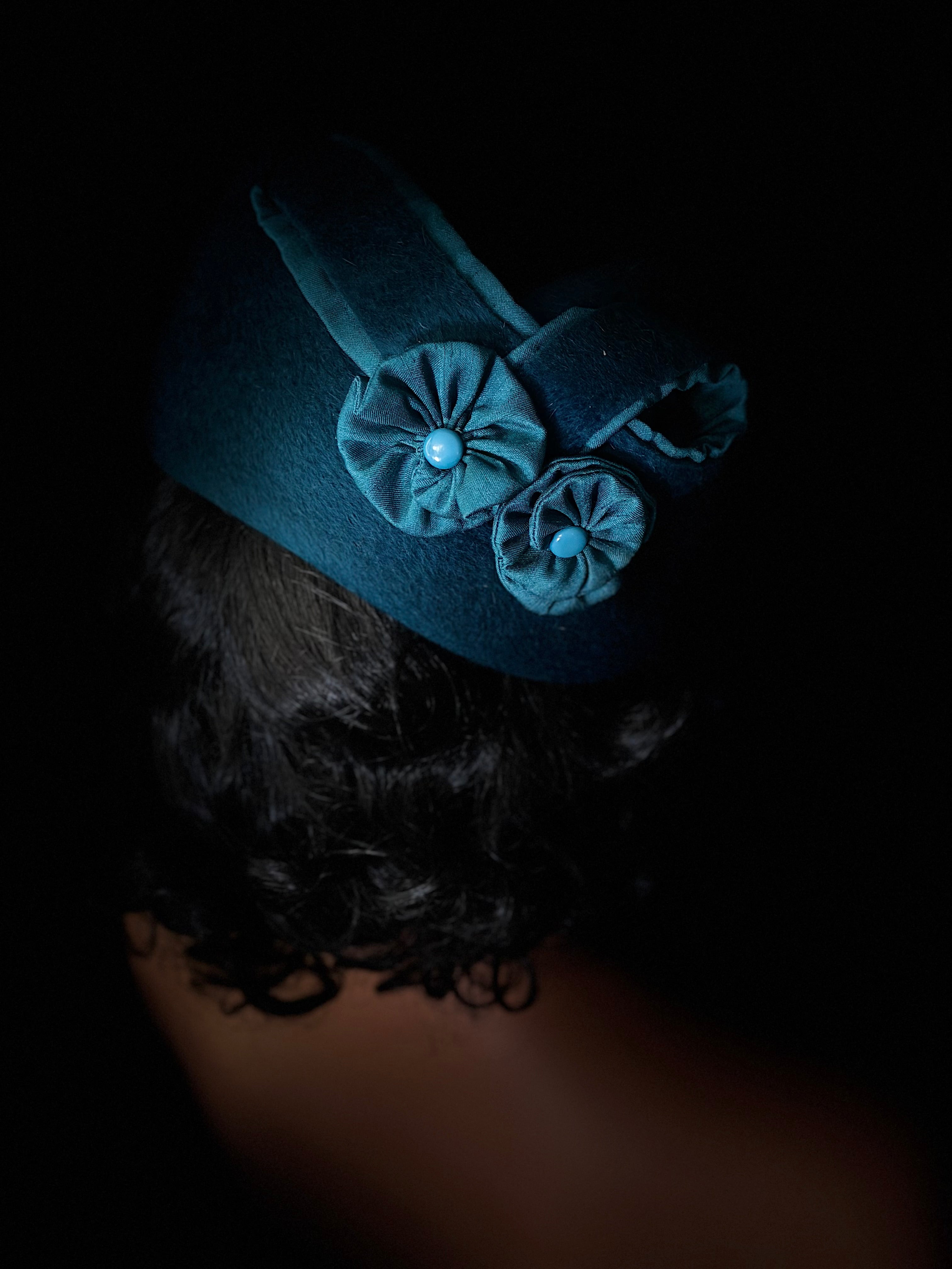 1960s Teal Felt Tilt Hat-David Jones Service Millinery | Sculptural Mid-Century Couture Style
