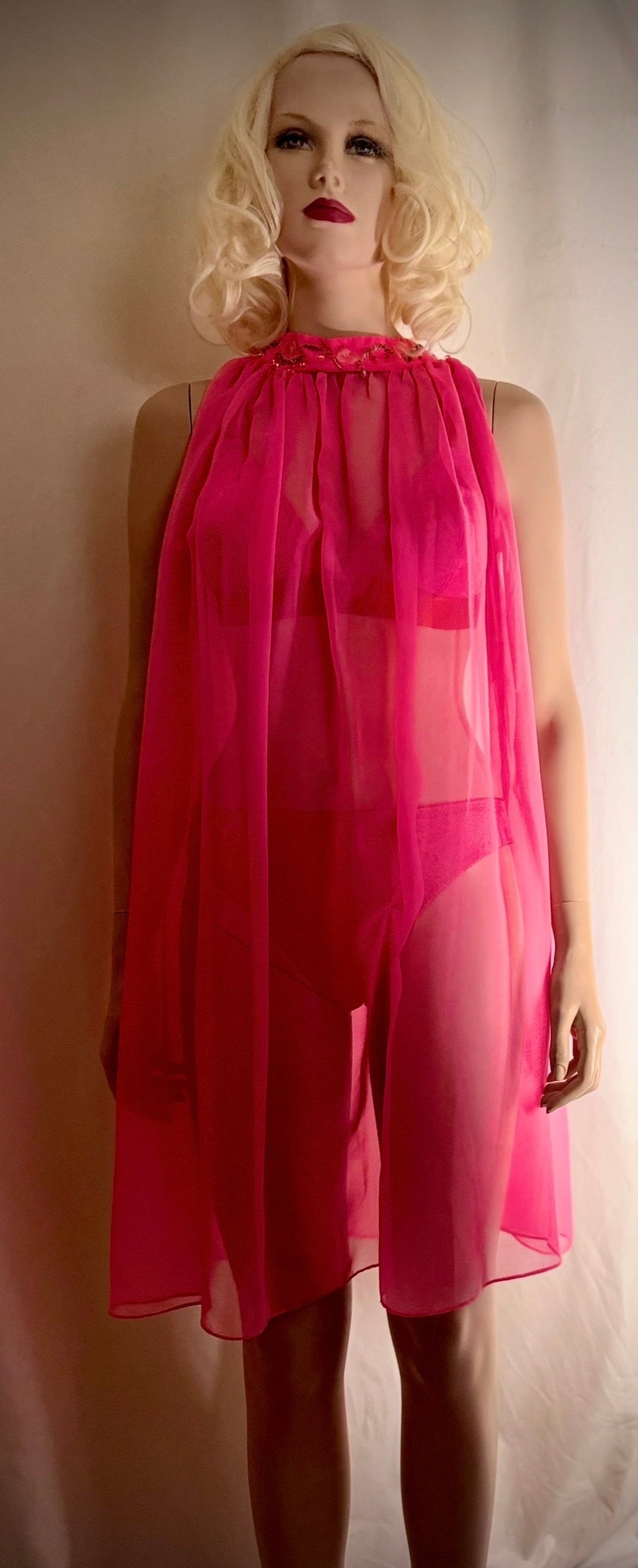 1960s Hot Pink Sheer Babydoll Dress with Hand-Beaded Collar