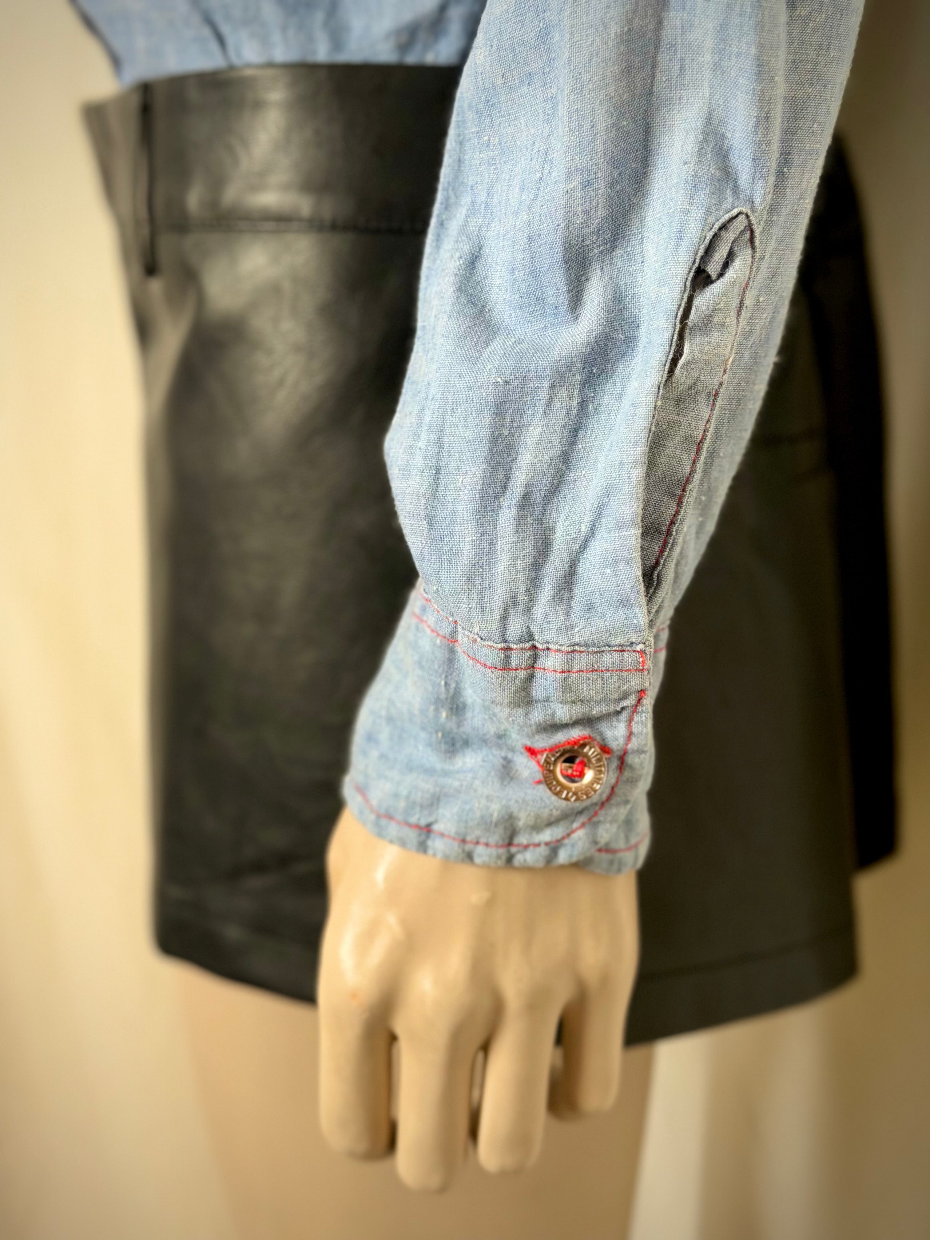 1970s American Denim Shirt with French Military Buttons – Dagger Collar, Red Contrast Stitching