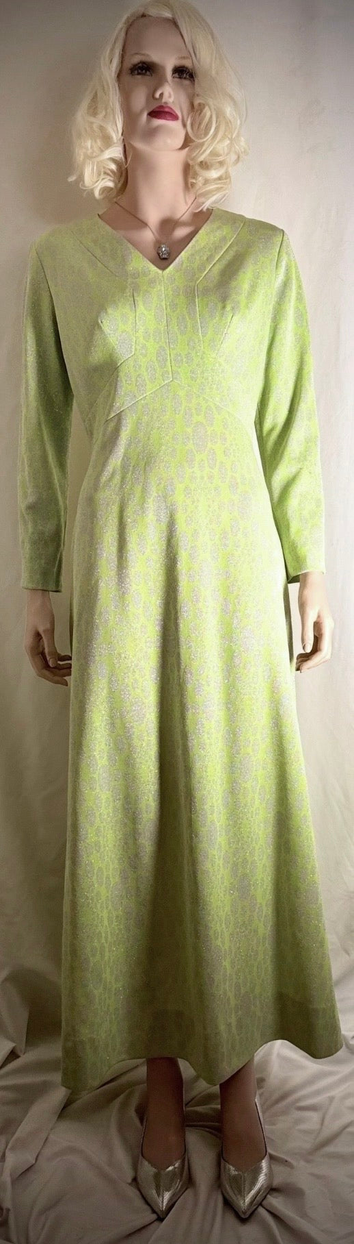 1960s Chartreuse Metallic Jacquard Op-Art Evening Gown (Mint Condition)