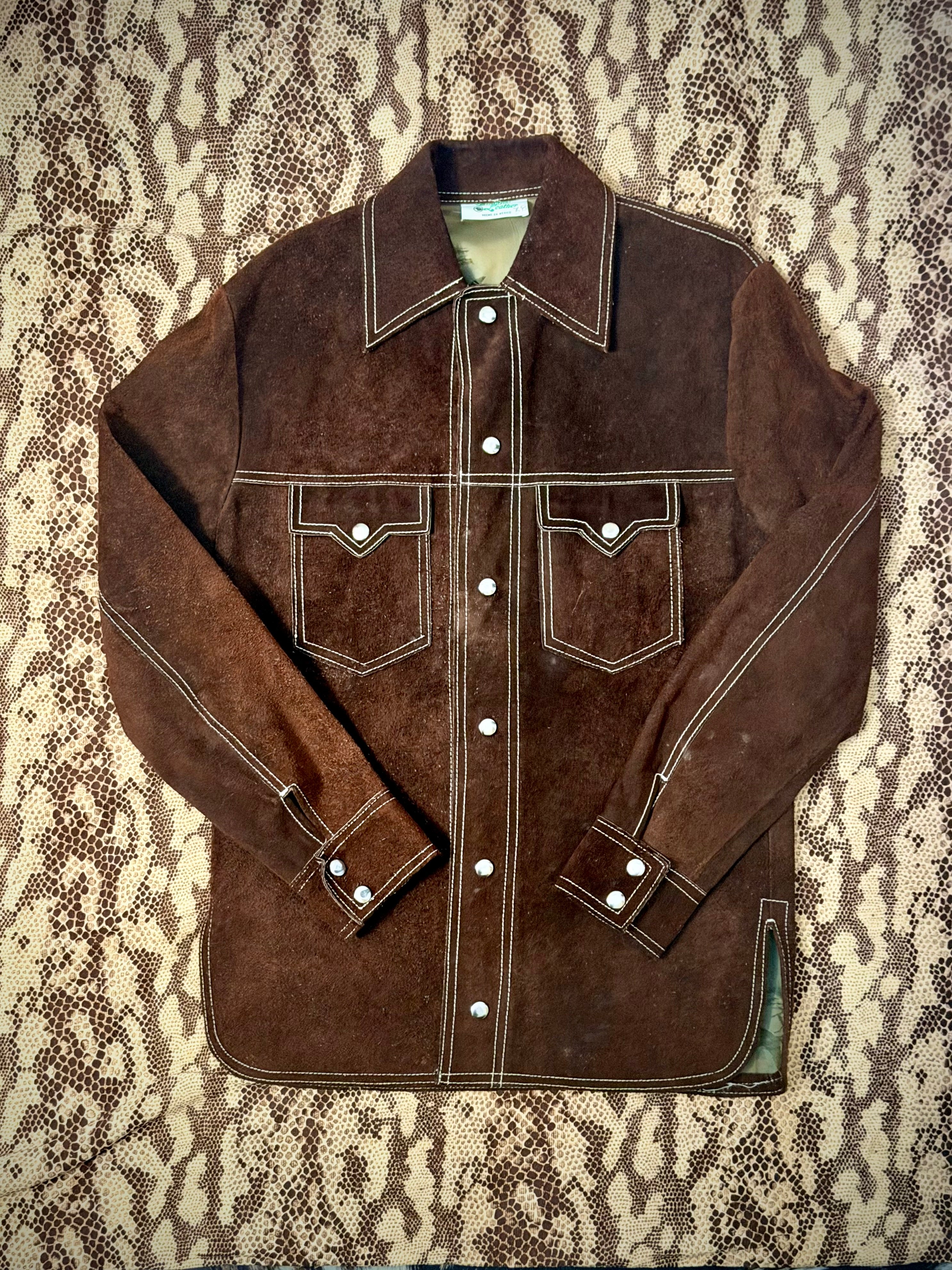 Exceptional Vintage 70s Mexican Suede Western Jacket with Scenic Bird Lining