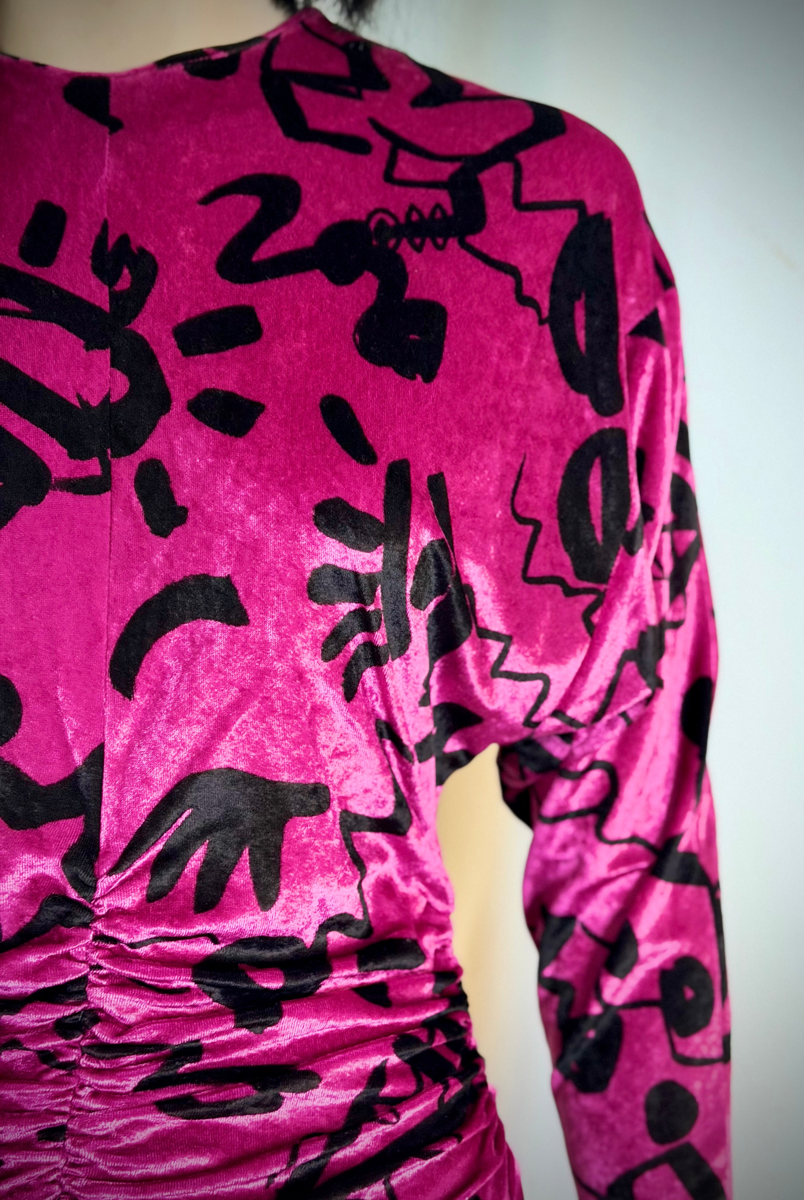 Nicole Miller Vintage Fuchsia Velvet Graphic Print Dress