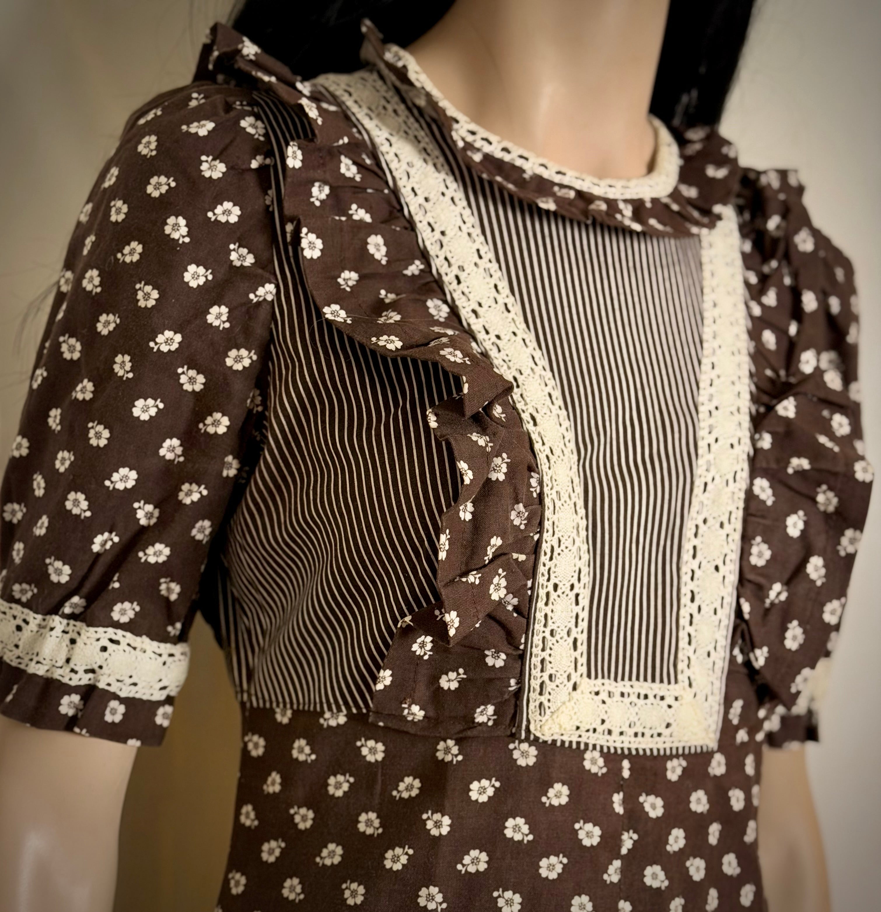 1970s Dark Brown Cotton Prairie Dress
