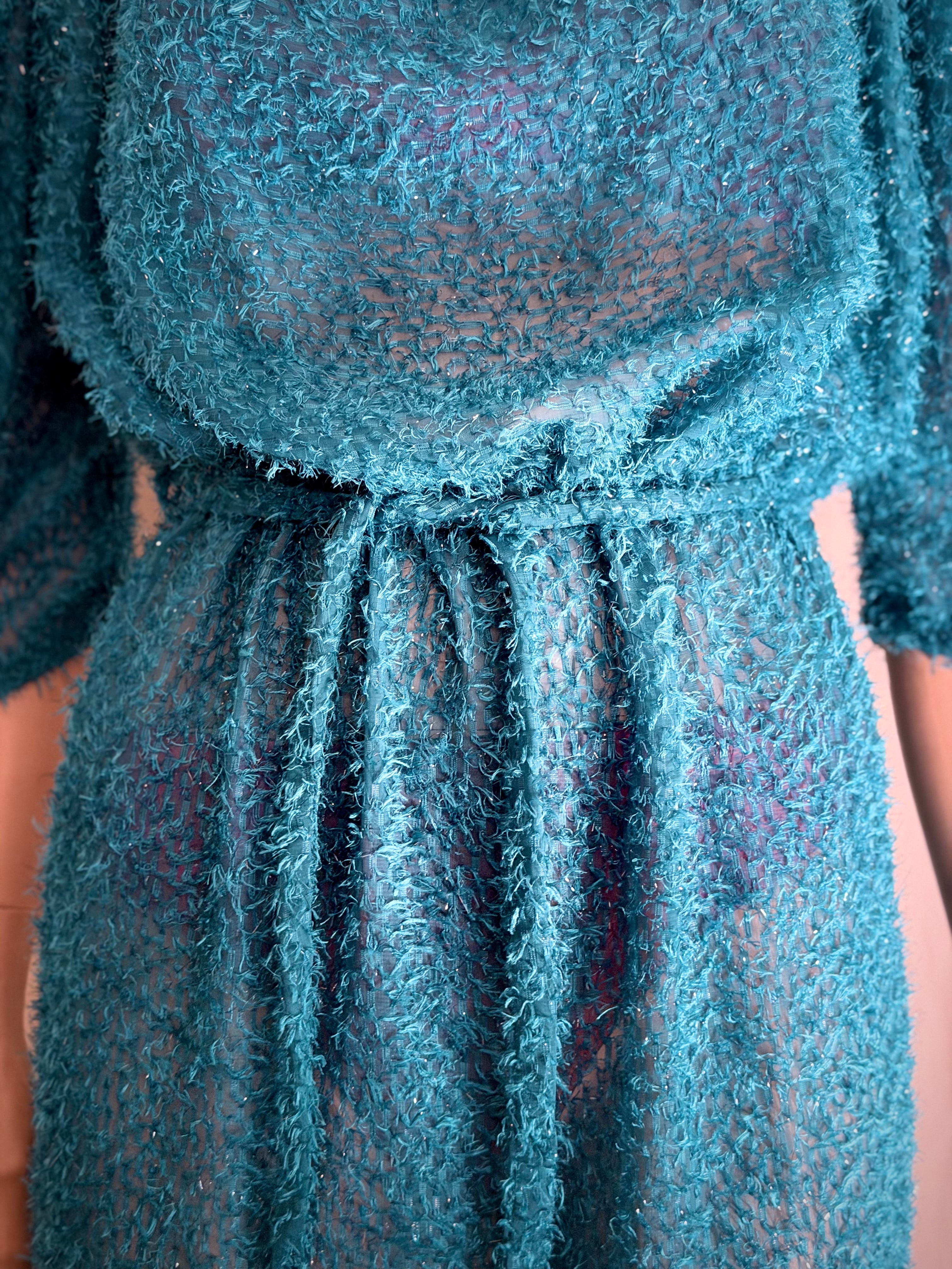Electric Turquoise Sheer Lurex Midi Dress – 80s Avant-Garde Silhouette