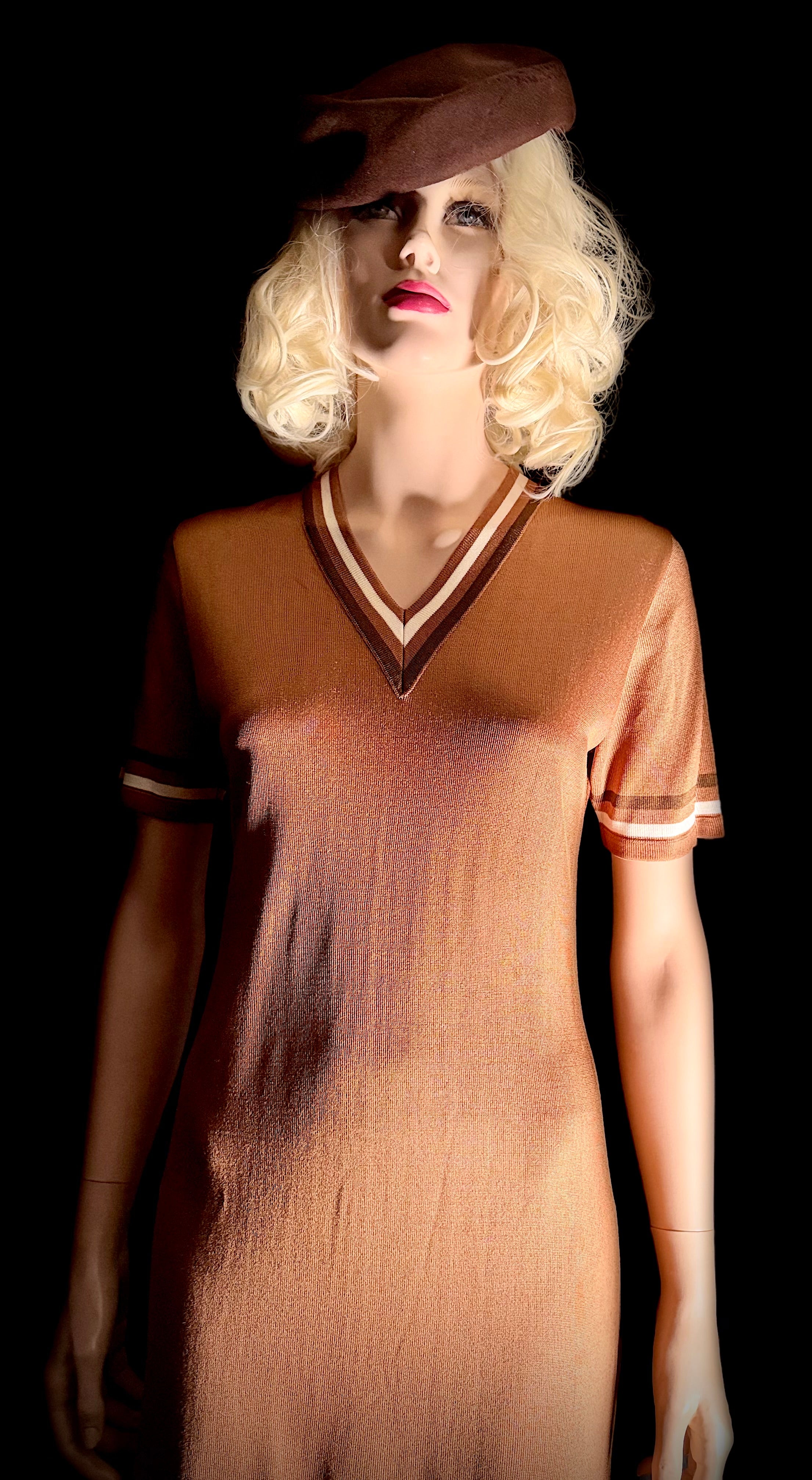 Vintage Brown Semi-Sheer Knit V-Neck Dress with Sporty Stripe Detail