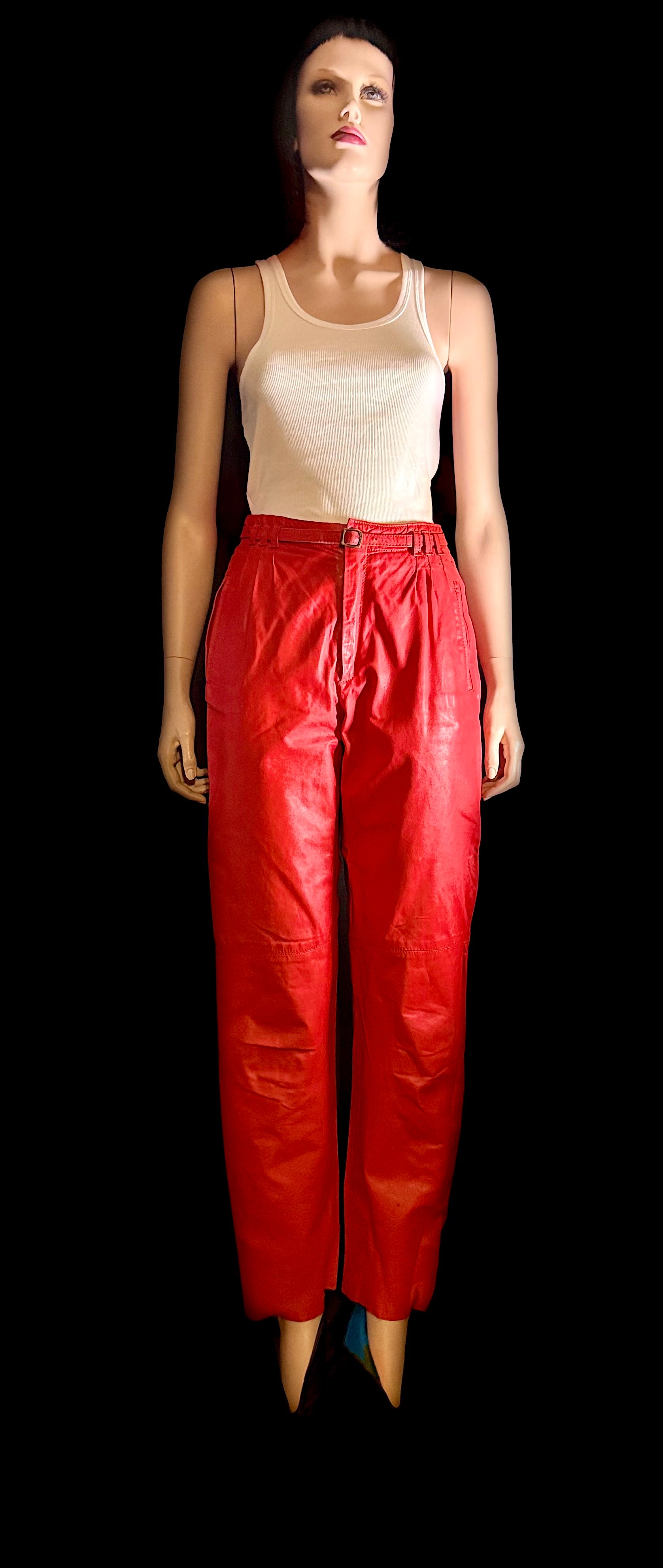 Vintage Red Leather Trousers - High-Waist Cut