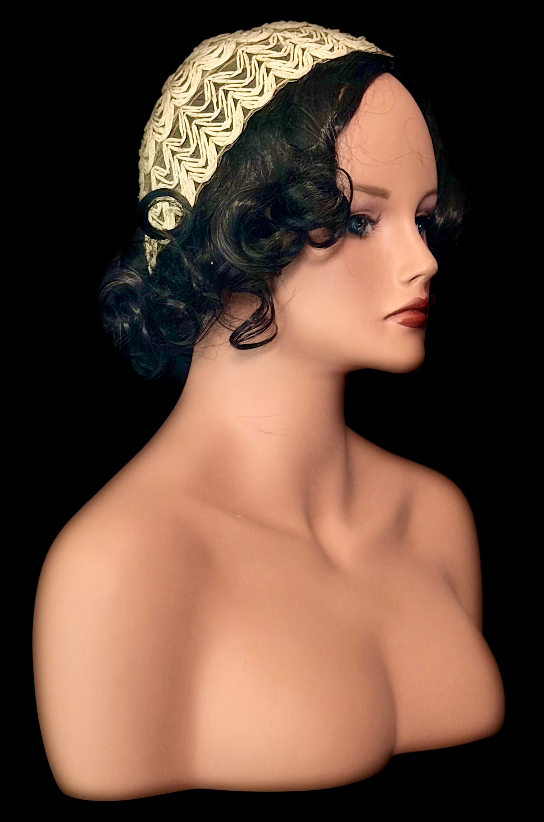Woven Ribbon Skull Cap - 1950s Ivory Vintage Headpiece