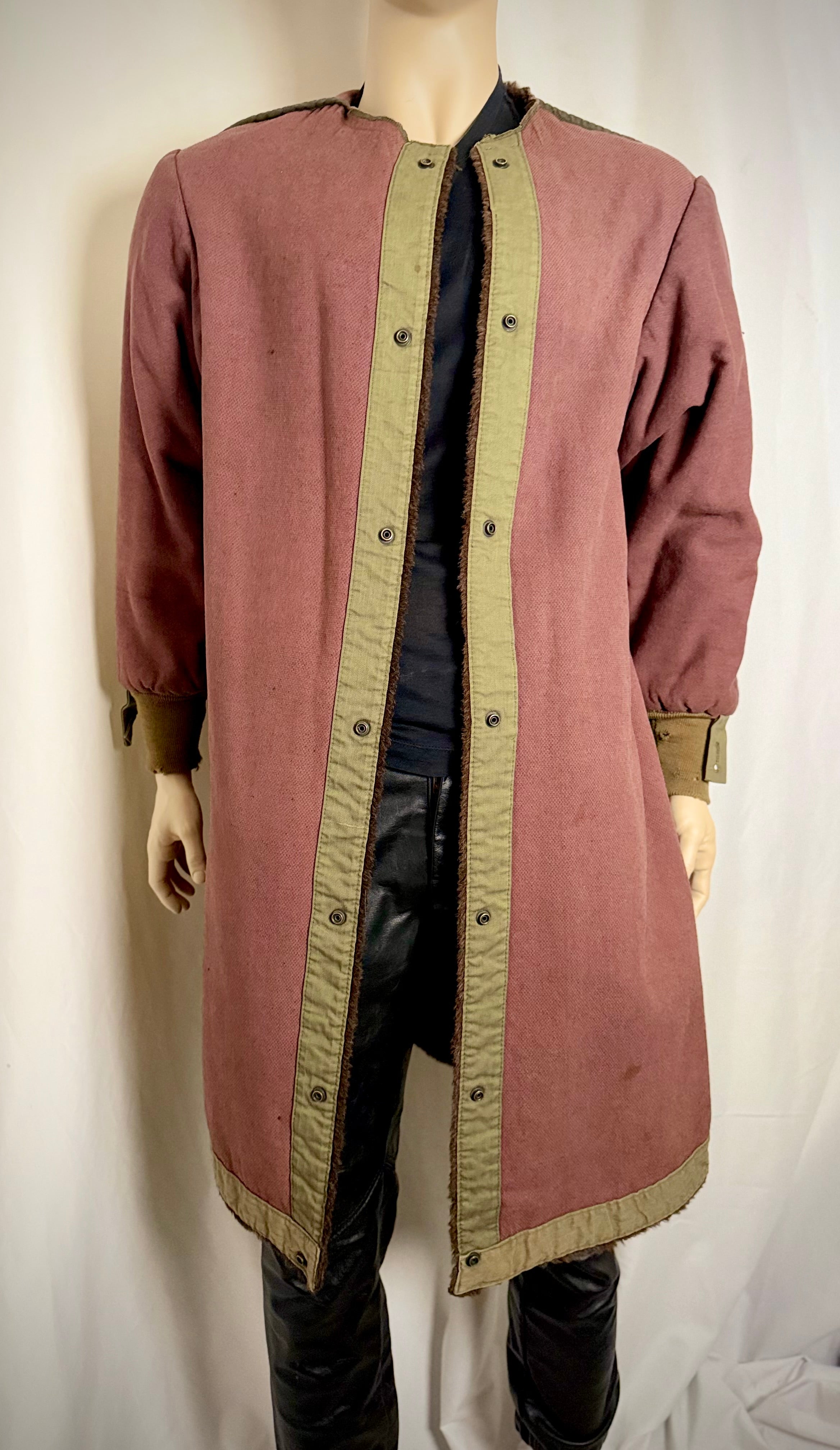 1960s Shearling Lined
Collarless Workers Coat - Olive Herringbone Trim