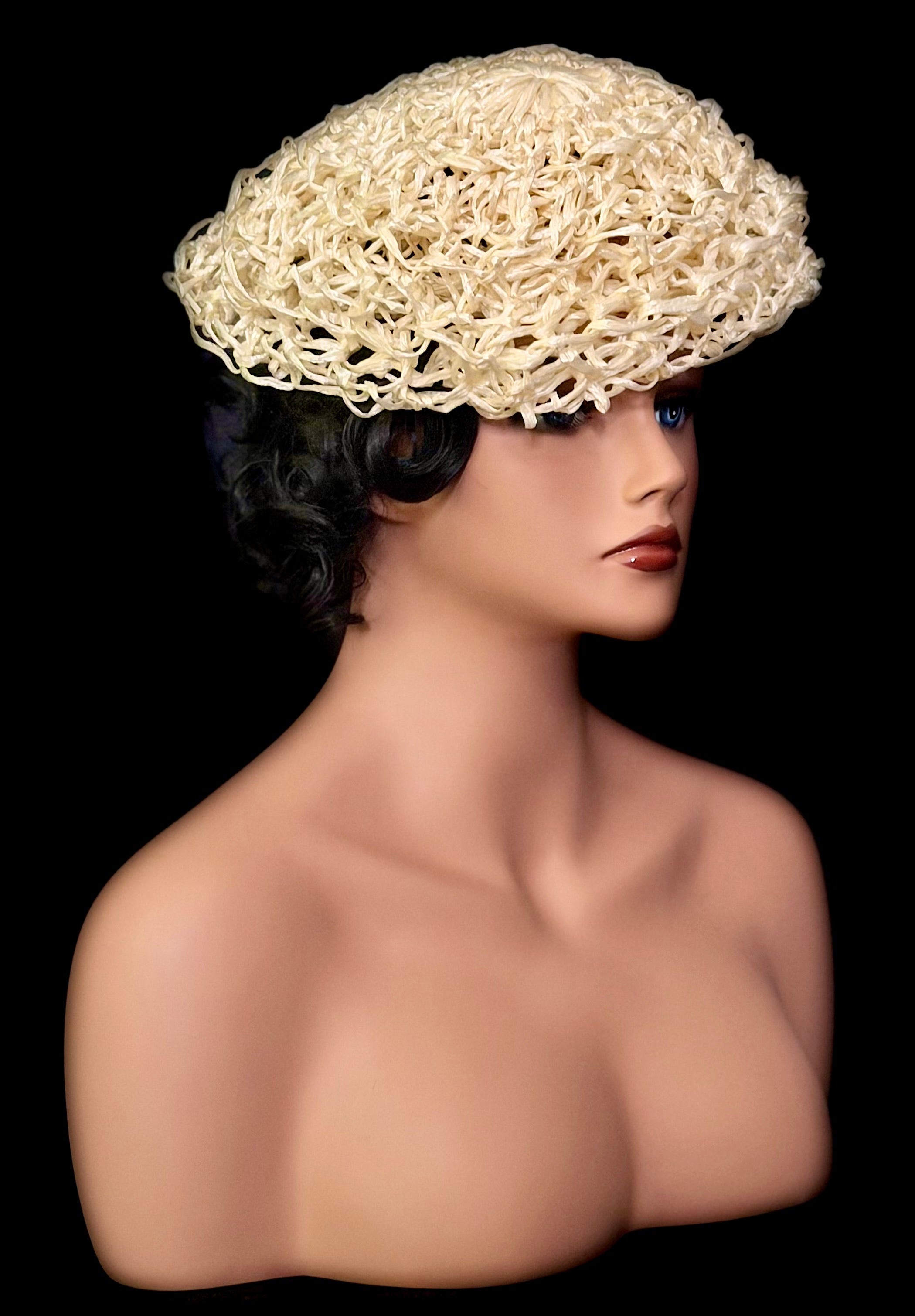 Mid-Century Sculptural Raffia Hat - Handwoven Organic Form