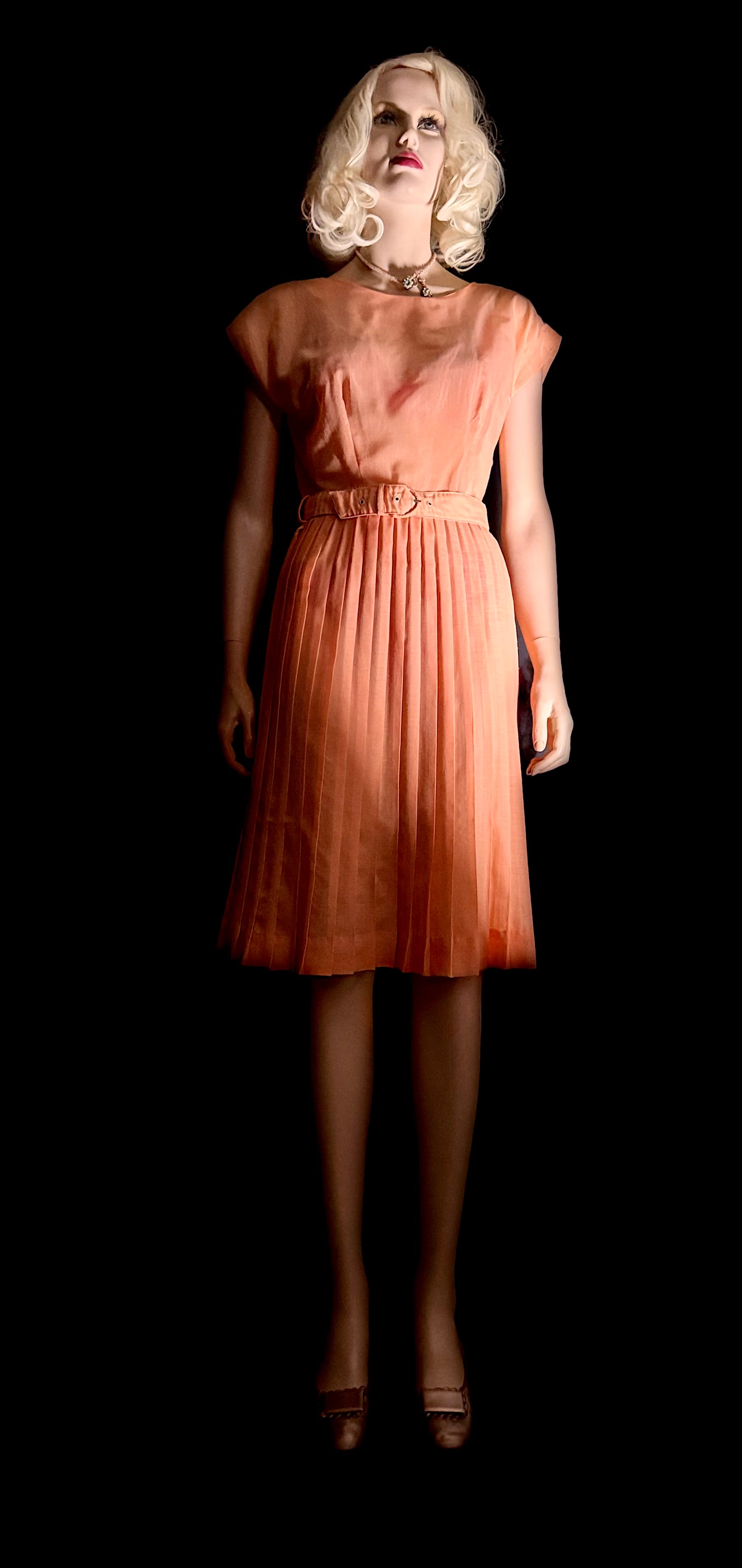 1950s Sheer Peach Knife-Pleat Dress with Original Belt