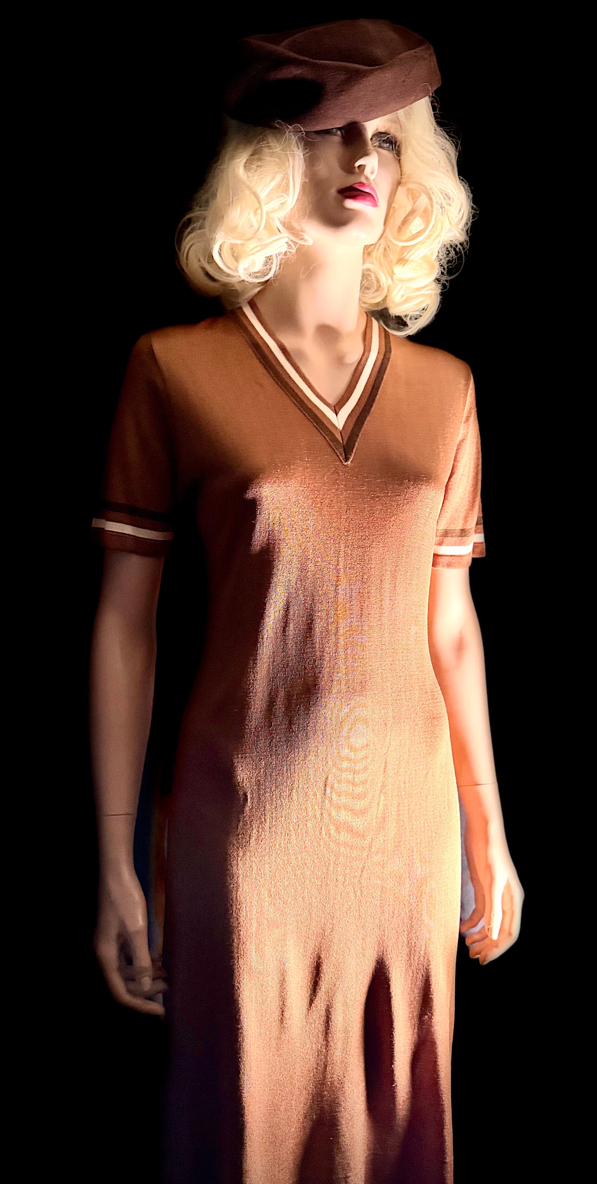 Vintage Brown Semi-Sheer Knit V-Neck Dress with Sporty Stripe Detail