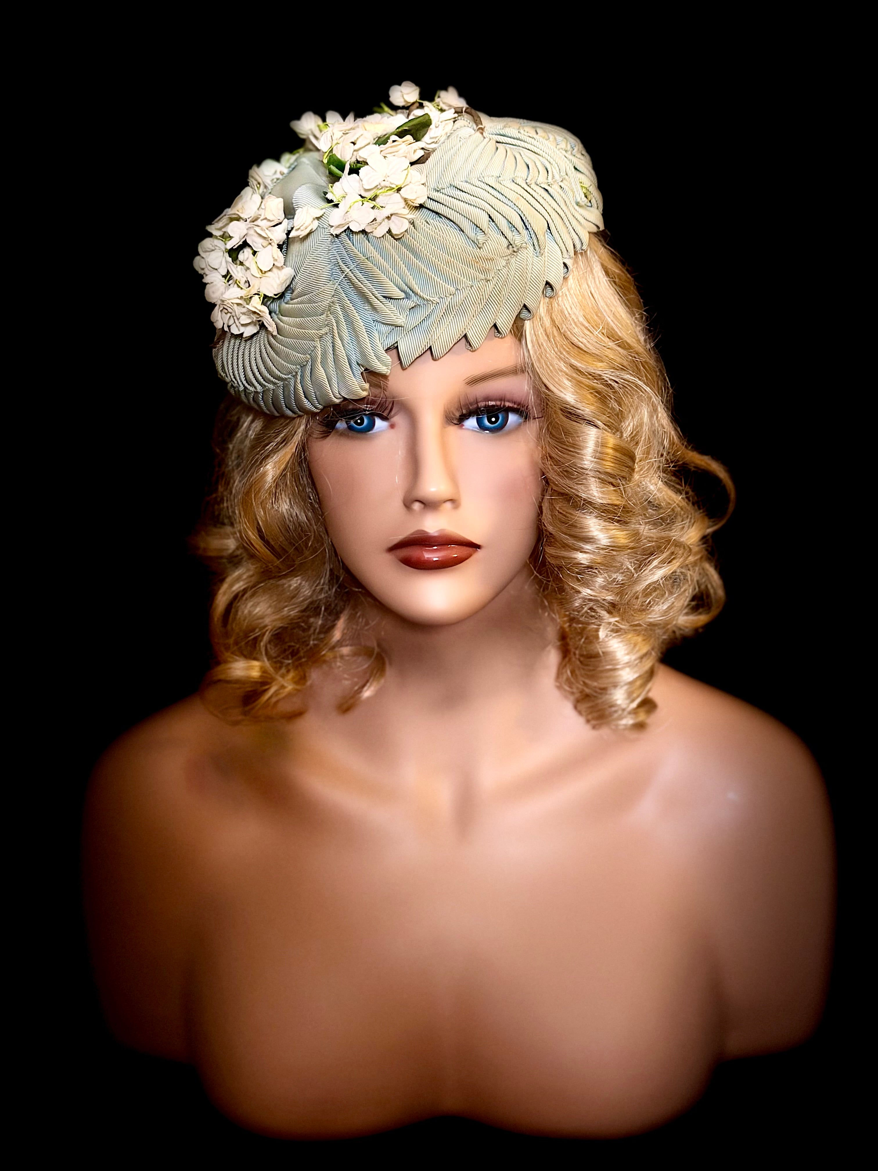 Exquisite 1950s Soft Green Pleated Ribbon & Florals Hat