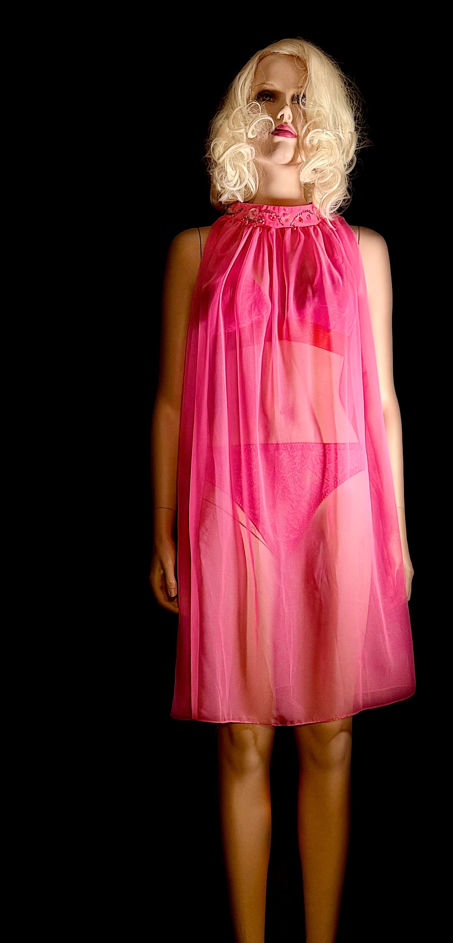 1960s Hot Pink Sheer Babydoll Dress with Hand-Beaded Collar