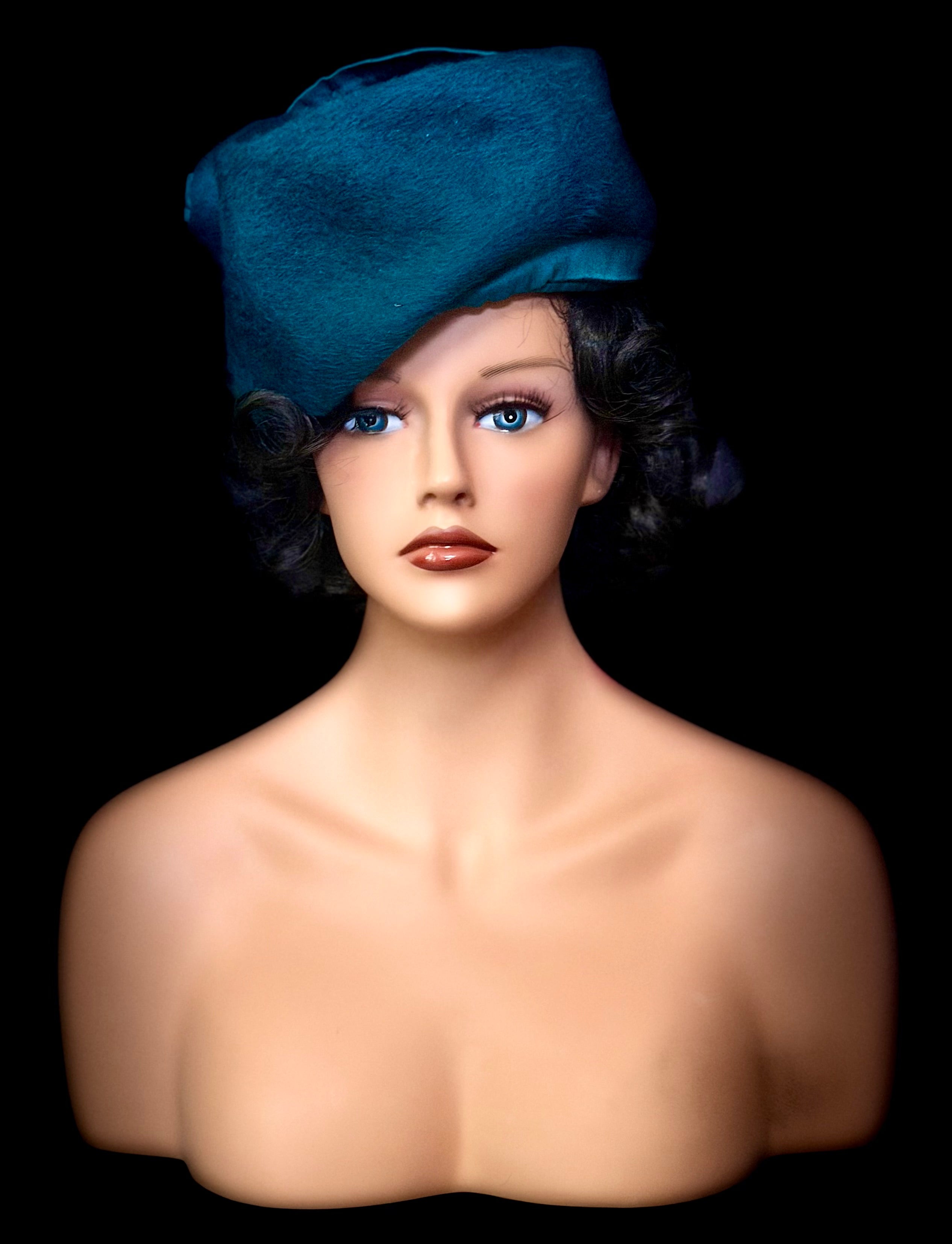1960s Teal Felt Tilt Hat-David Jones Service Millinery | Sculptural Mid-Century Couture Style