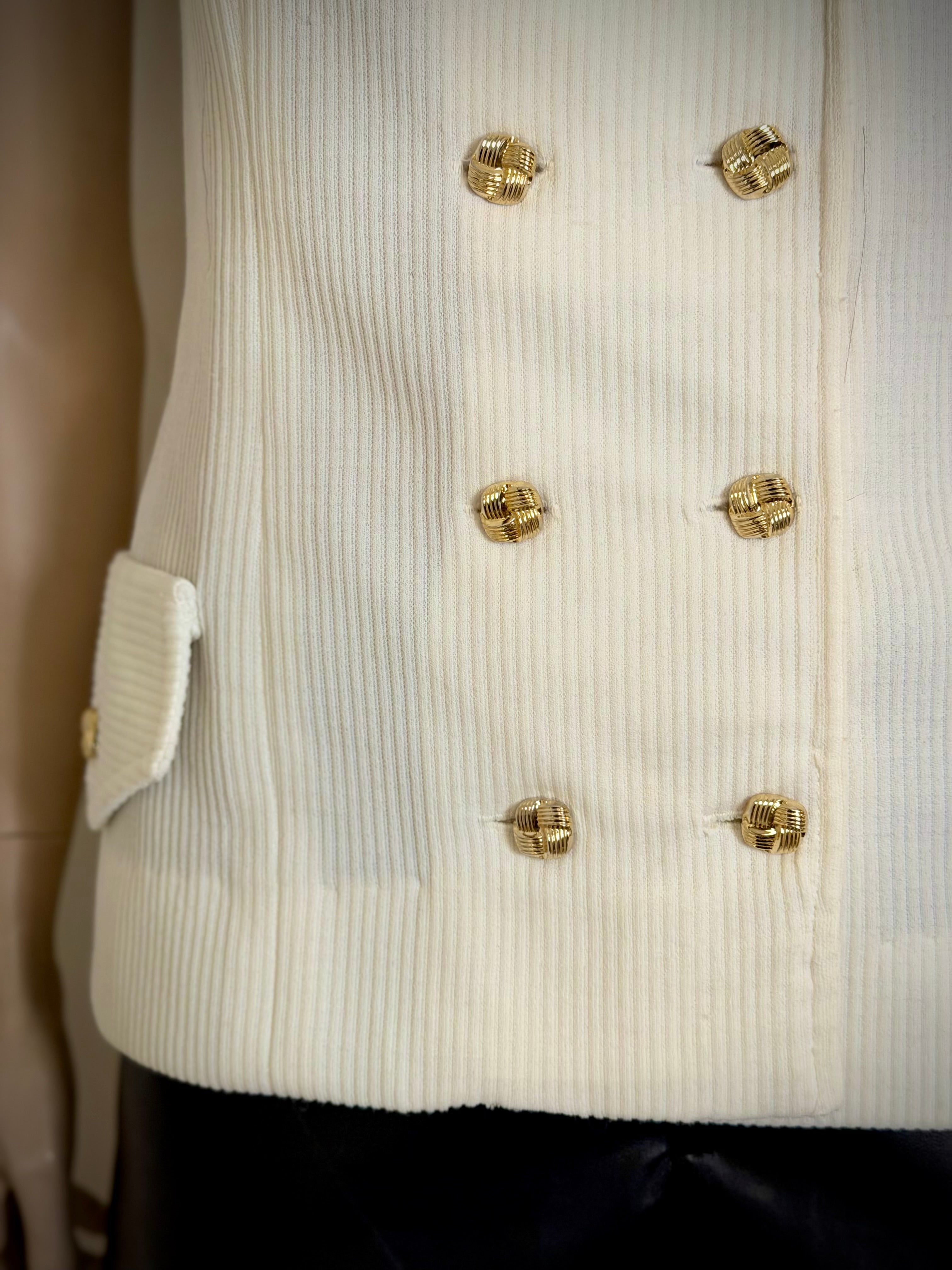 Cream Ribbed Double-Breasted Vest Top with Gold Buttons