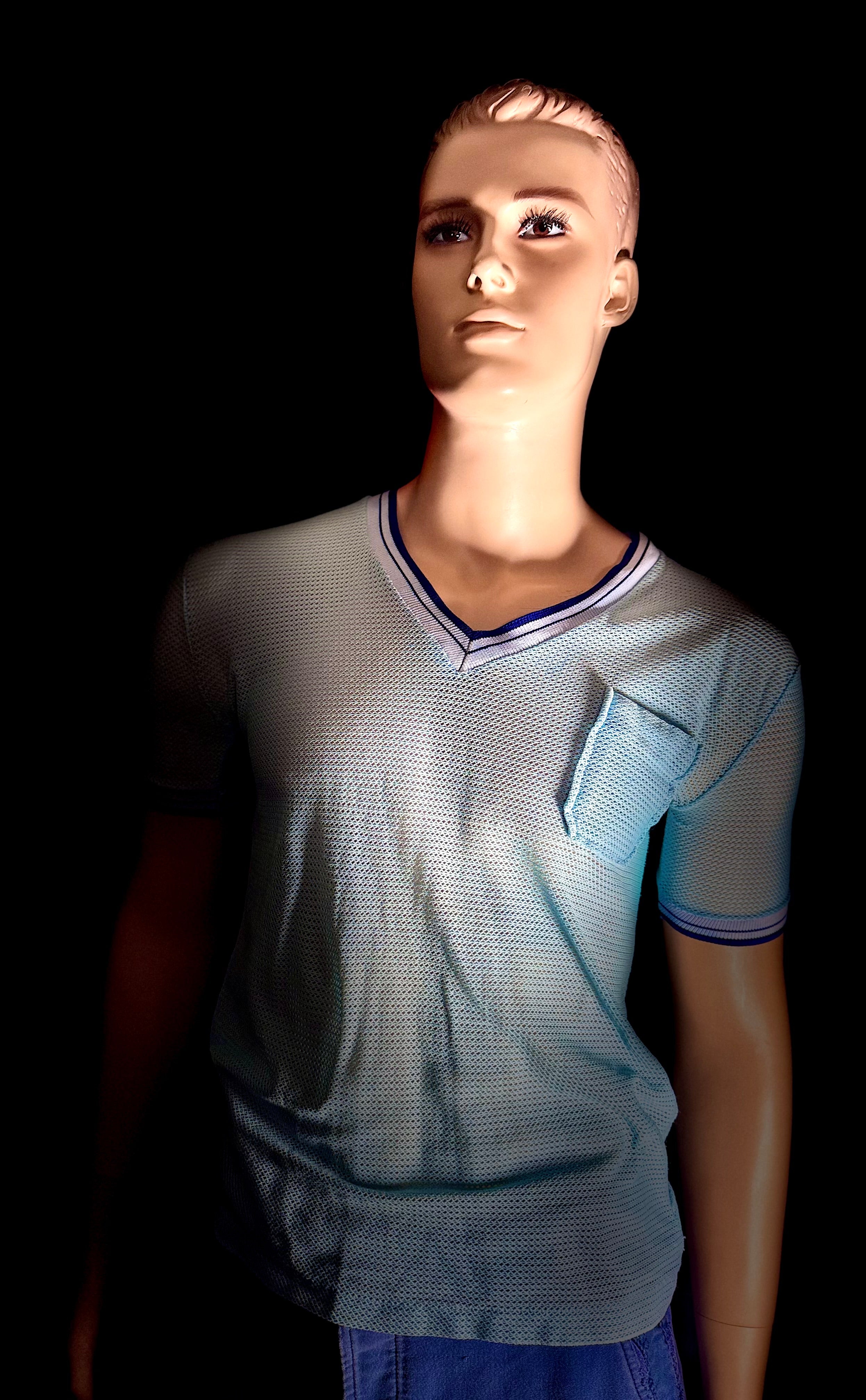 1960s Powder Blue Mesh Athletic Tee - Varsity Trim (Vintage Sportswear)