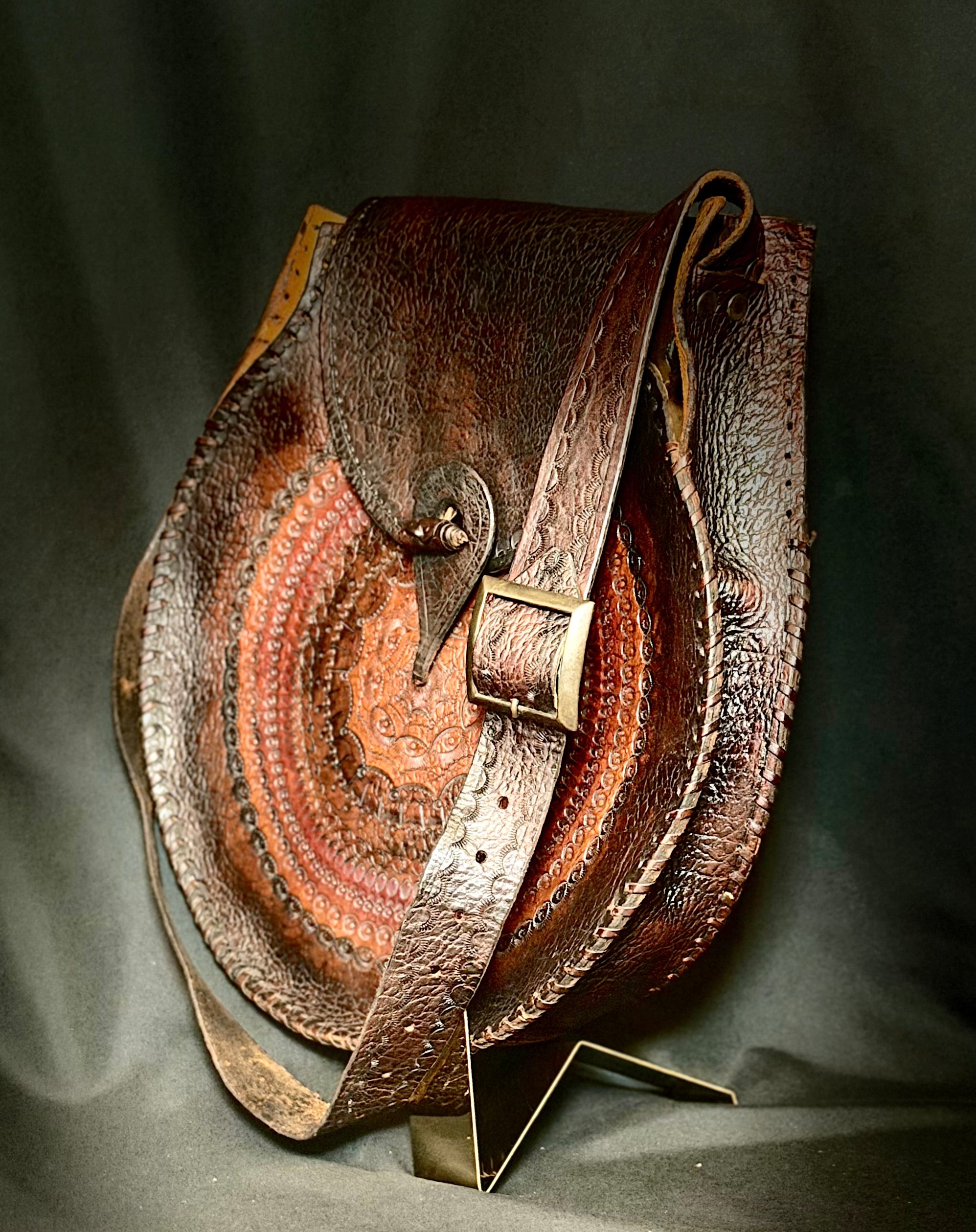 Oversized 1970s Tooled Leather Shoulder Bag - Hand-Crafted