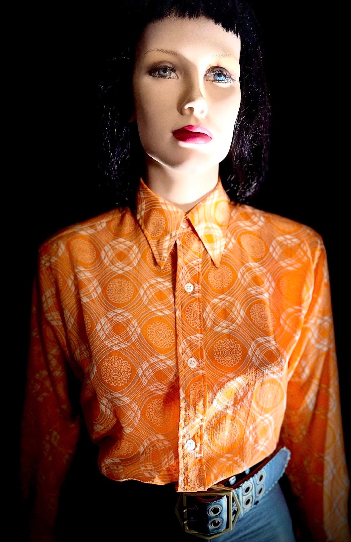 1970s Semi-Sheer Orange
Geometric Button-Down
Shirt
