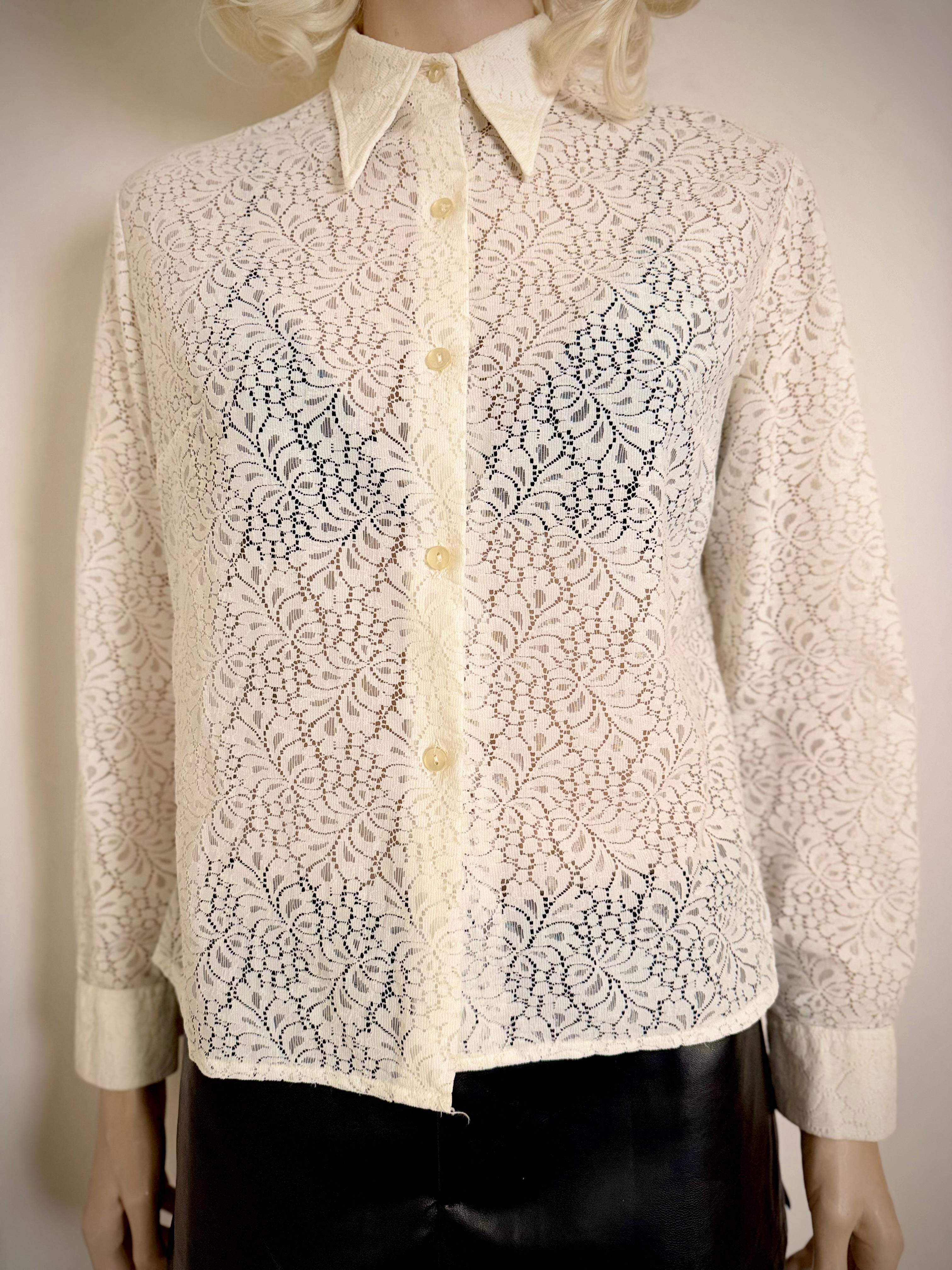 Vintage 1970s Ivory Lace Dagger-Collar Shirt