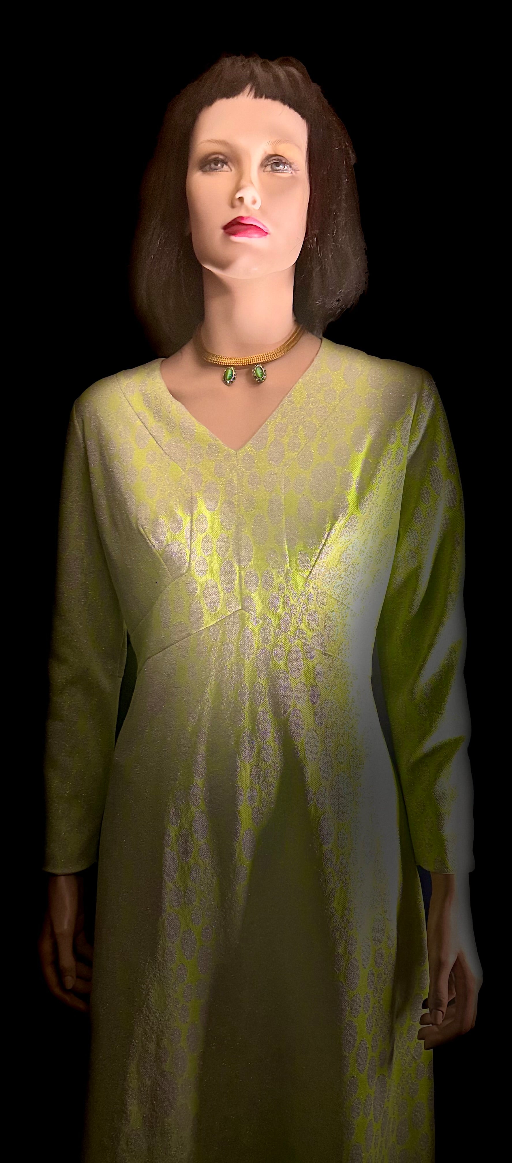 1960s Chartreuse Metallic Jacquard Op-Art Evening Gown (Mint Condition)