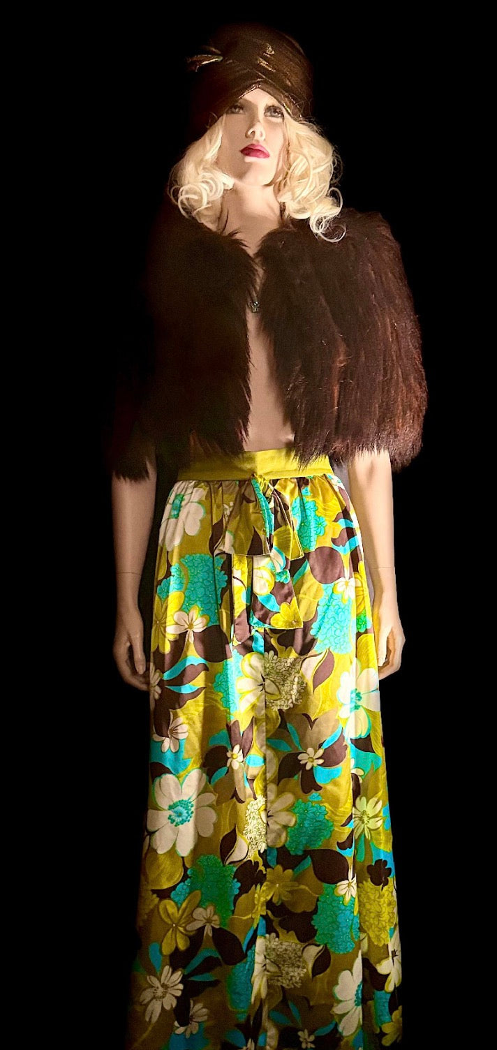1960s Floral Satin Maxi Skirt With Waist Tie – Hawaiian Style Print